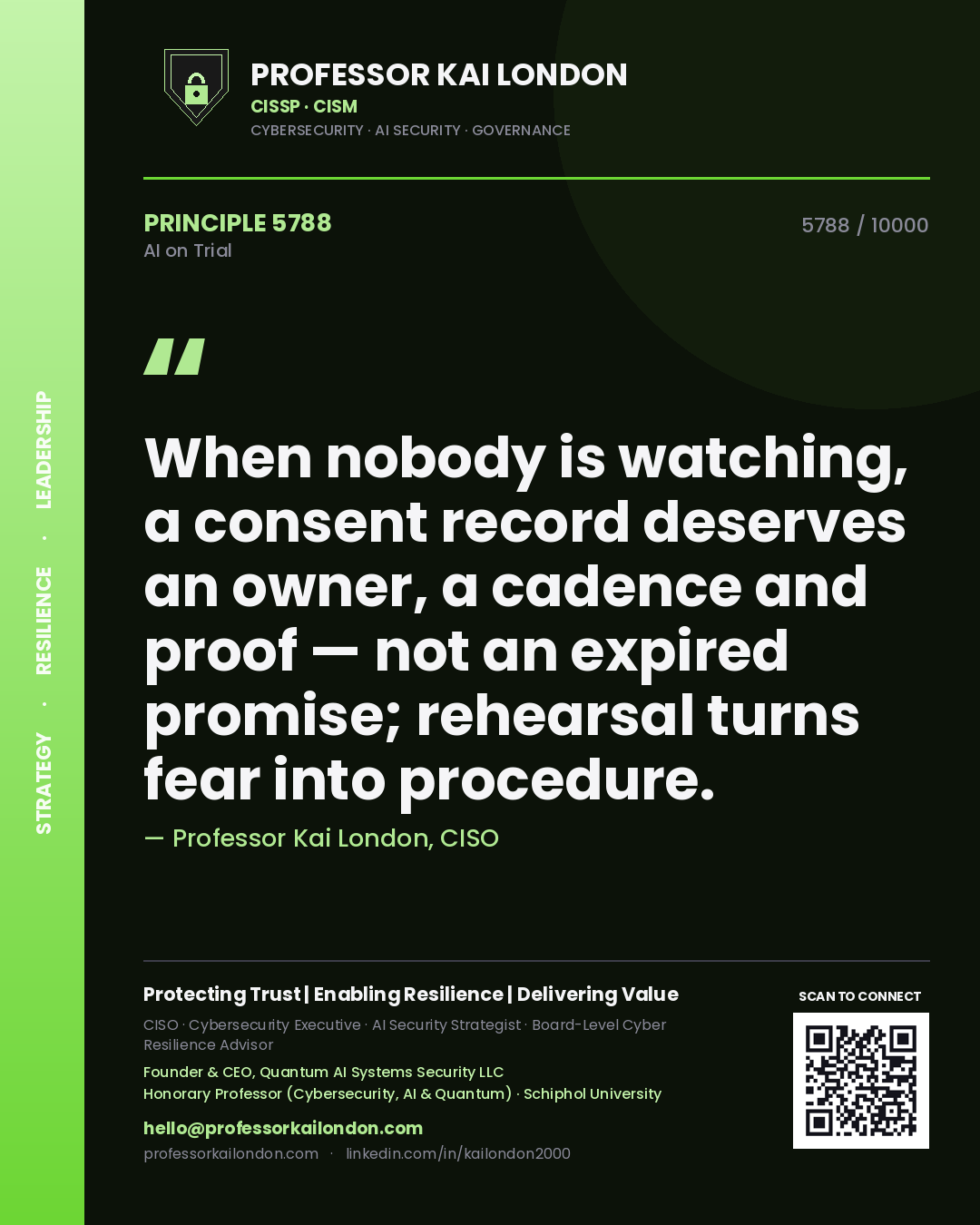 Professor Kai London principle 5788: When nobody is watching, a consent record deserves an owner, a cadence and proof — not an expired promise; rehearsal turns fear into procedure.