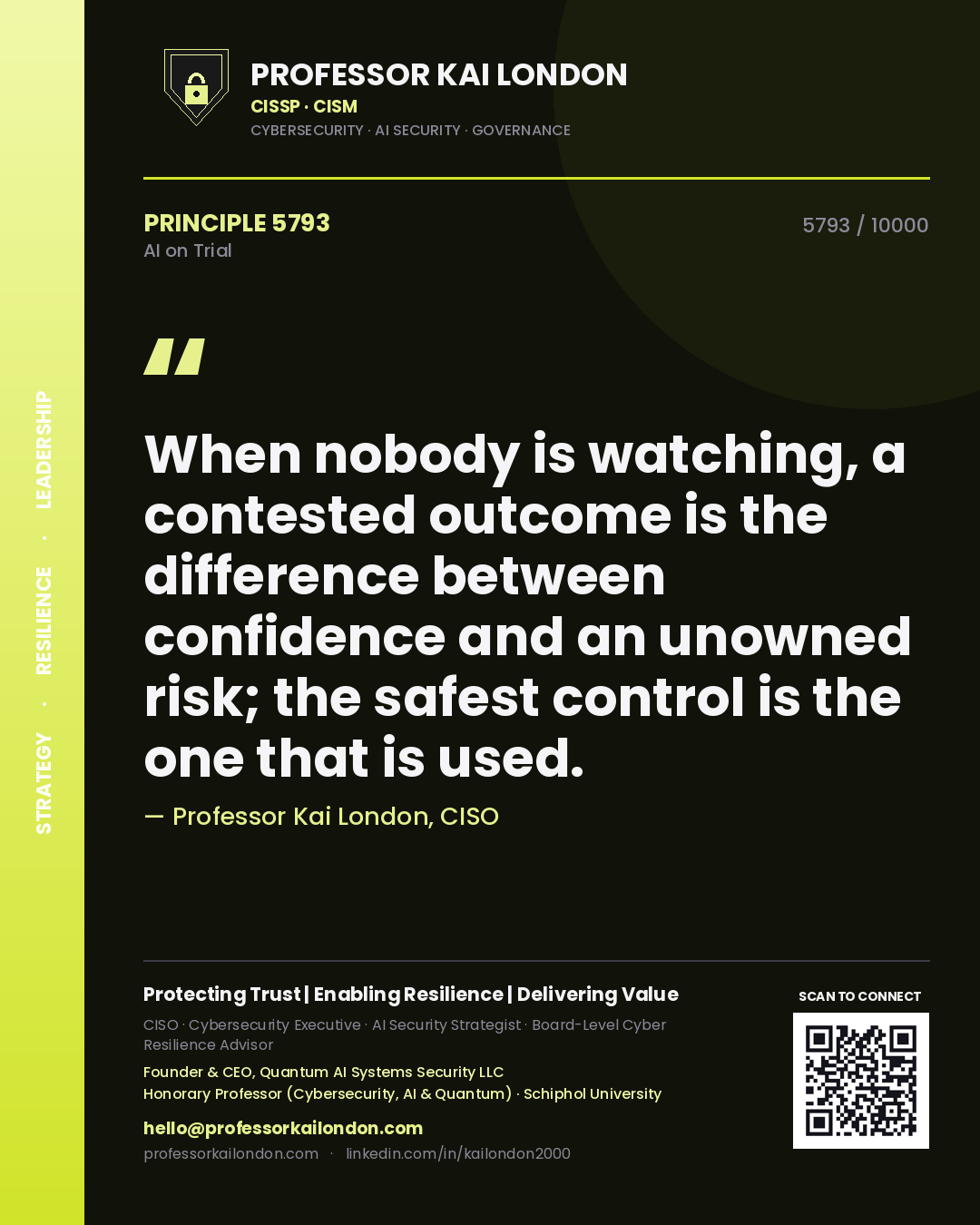 Professor Kai London principle 5793: When nobody is watching, a contested outcome is the difference between confidence and an unowned risk; the safest control is the one that is used.