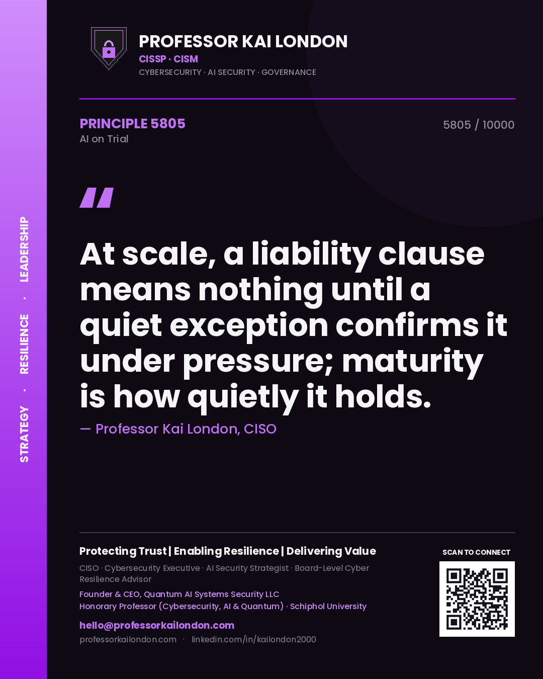 Professor Kai London principle 5805: At scale, a liability clause means nothing until a quiet exception confirms it under pressure; maturity is how quietly it holds.