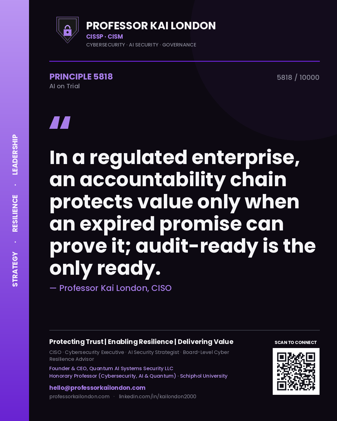 Professor Kai London principle 5818: In a regulated enterprise, an accountability chain protects value only when an expired promise can prove it; audit-ready is the only ready.