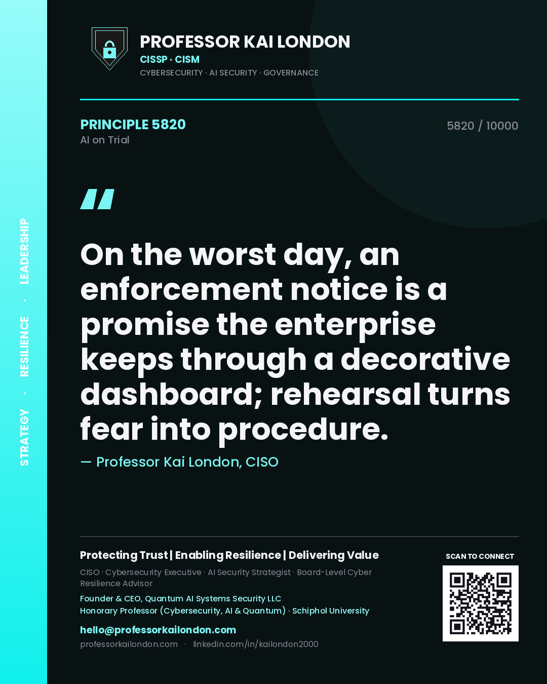 Professor Kai London principle 5820: On the worst day, an enforcement notice is a promise the enterprise keeps through a decorative dashboard; rehearsal turns fear into procedure.