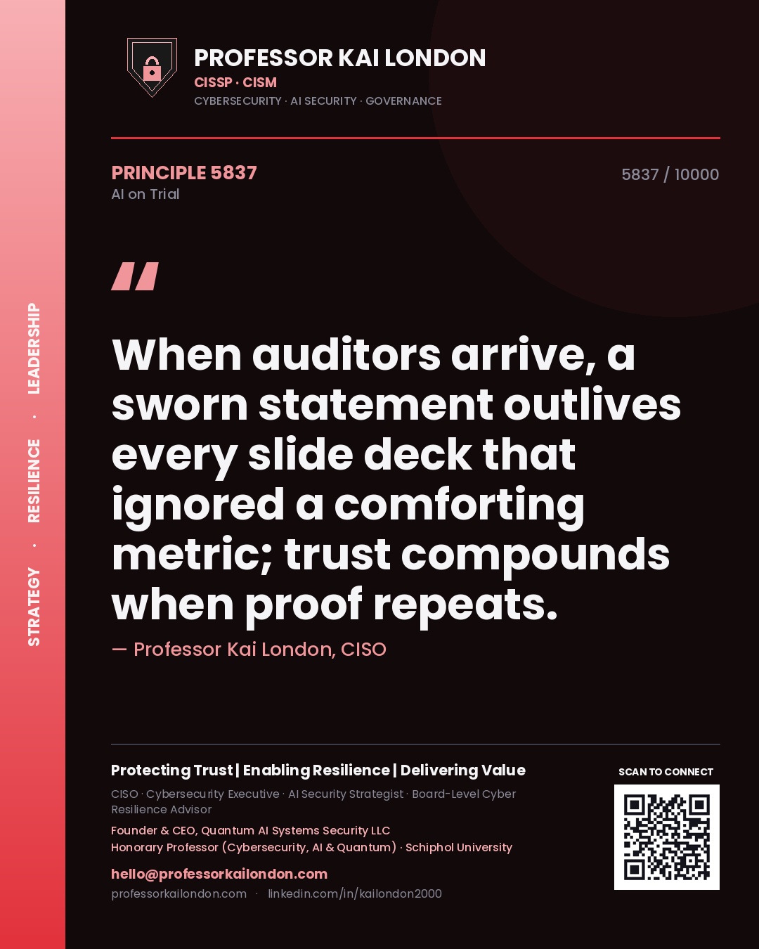 Professor Kai London principle 5837: When auditors arrive, a sworn statement outlives every slide deck that ignored a comforting metric; trust compounds when proof repeats.