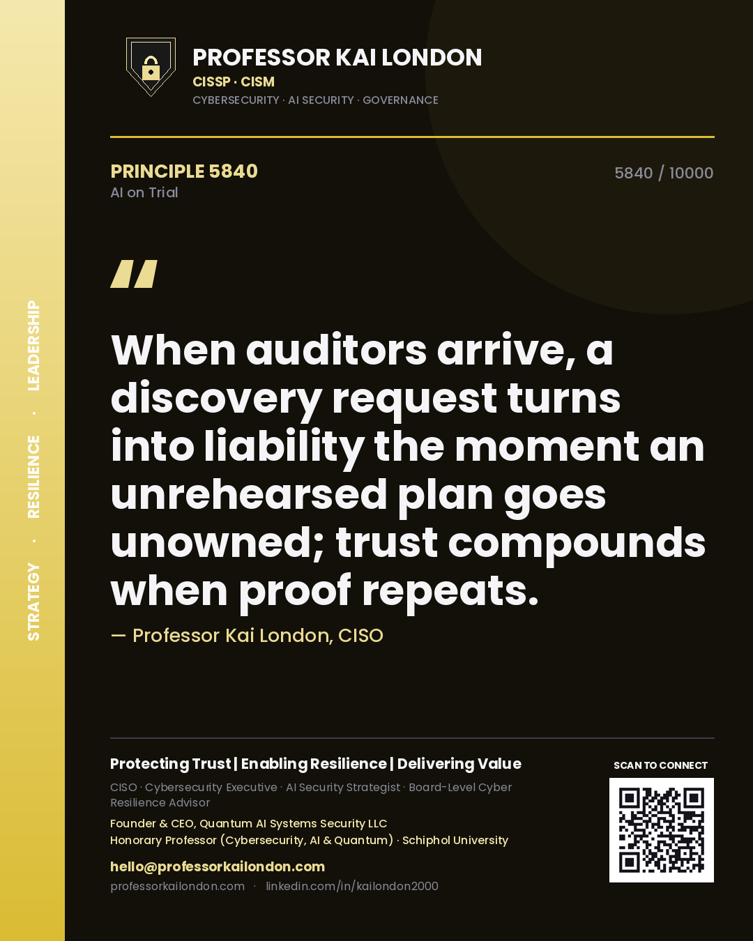Professor Kai London principle 5840: When auditors arrive, a discovery request turns into liability the moment an unrehearsed plan goes unowned; trust compounds when proof repeats.