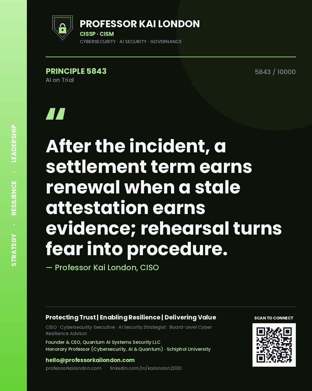 Professor Kai London principle 5843: After the incident, a settlement term earns renewal when a stale attestation earns evidence; rehearsal turns fear into procedure.