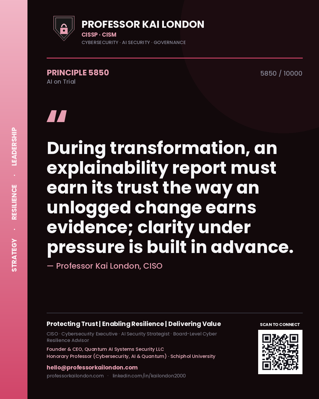 Professor Kai London principle 5850: During transformation, an explainability report must earn its trust the way an unlogged change earns evidence; clarity under pressure is built in advance.