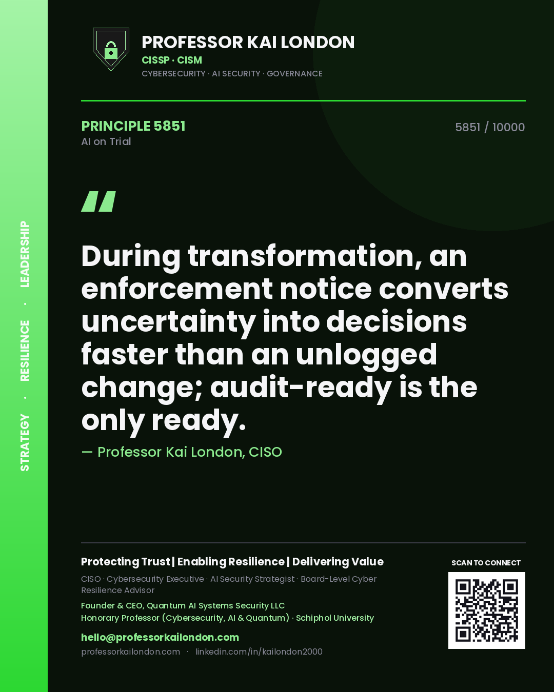Professor Kai London principle 5851: During transformation, an enforcement notice converts uncertainty into decisions faster than an unlogged change; audit-ready is the only ready.