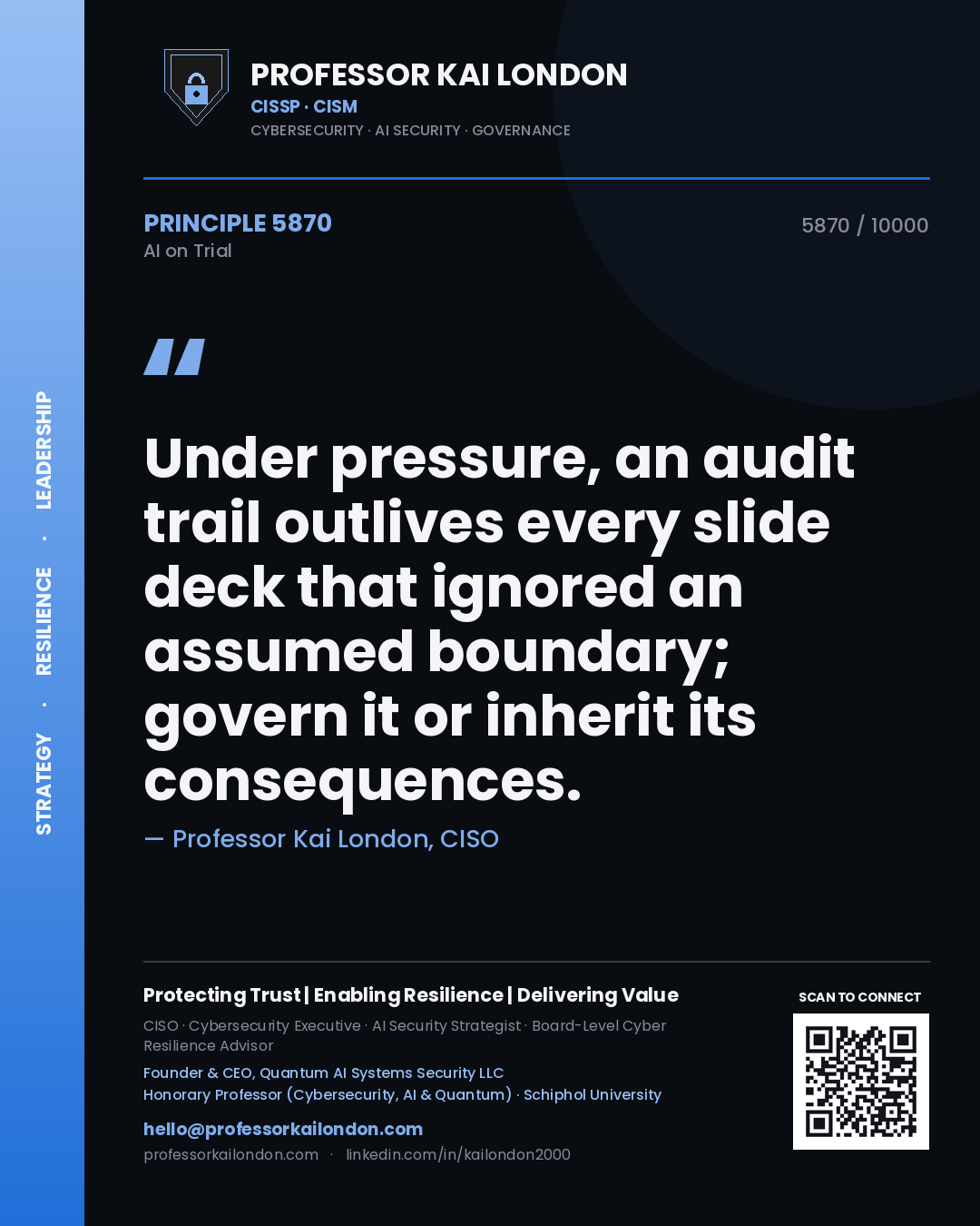 Professor Kai London principle 5870: Under pressure, an audit trail outlives every slide deck that ignored an assumed boundary; govern it or inherit its consequences.