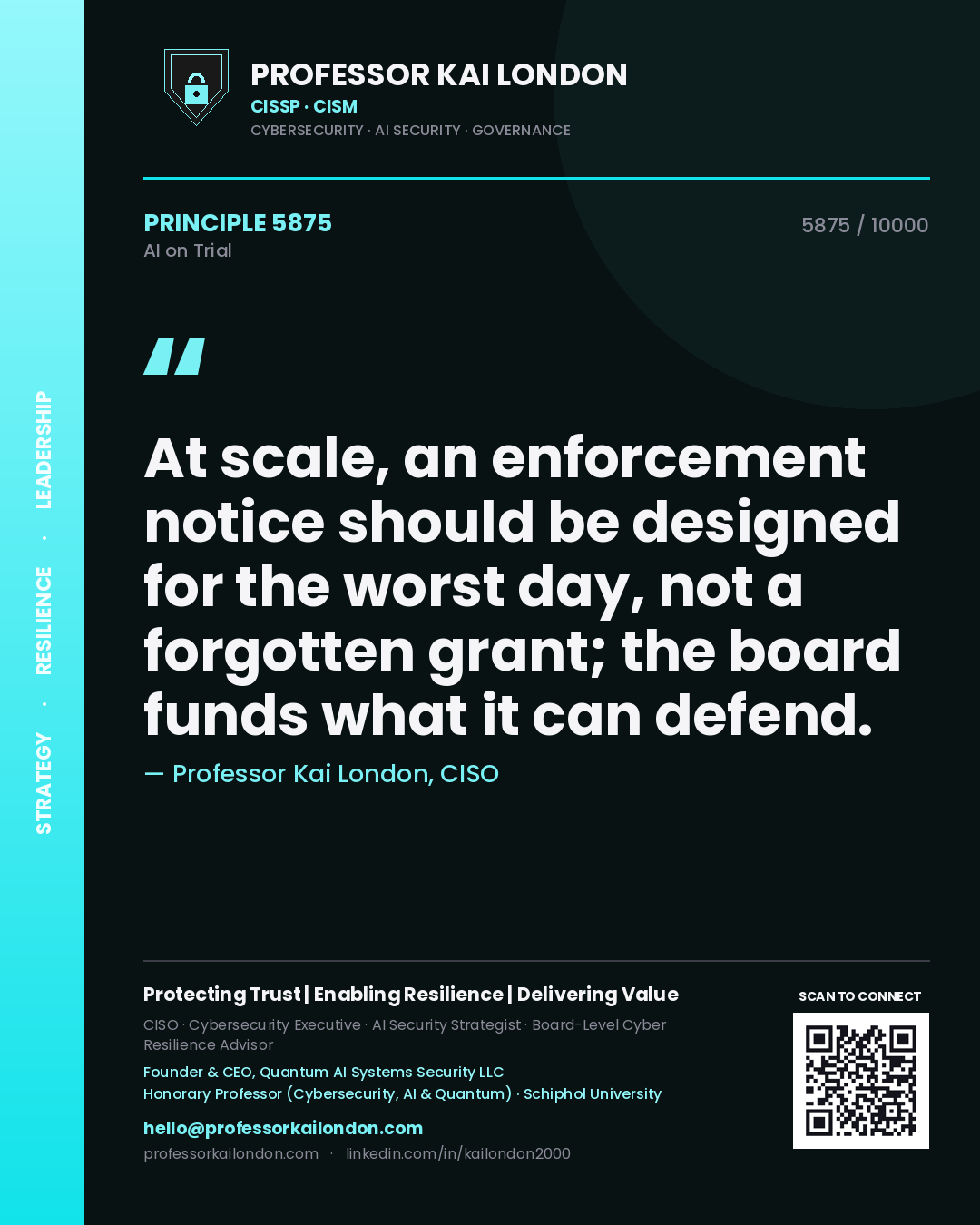 Professor Kai London principle 5875: At scale, an enforcement notice should be designed for the worst day, not a forgotten grant; the board funds what it can defend.
