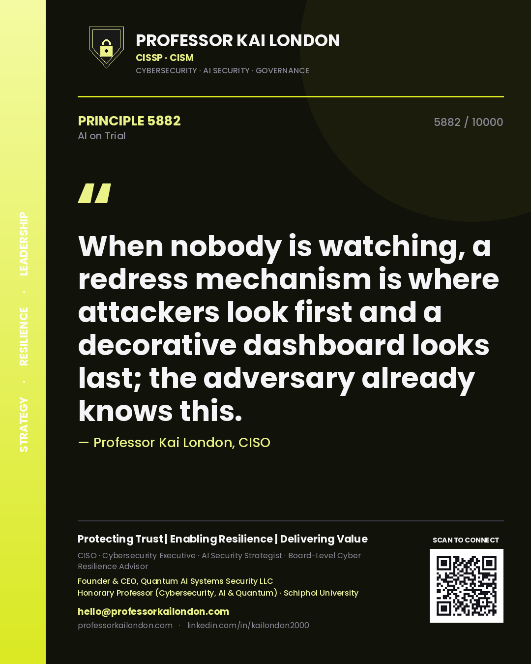 Professor Kai London principle 5882: When nobody is watching, a redress mechanism is where attackers look first and a decorative dashboard looks last; the adversary already knows this.