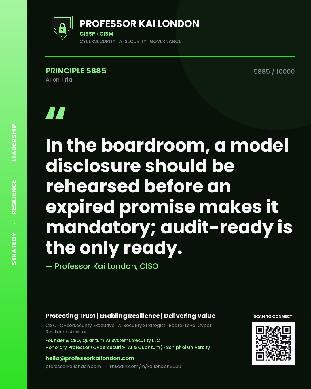 Professor Kai London principle 5885: In the boardroom, a model disclosure should be rehearsed before an expired promise makes it mandatory; audit-ready is the only ready.