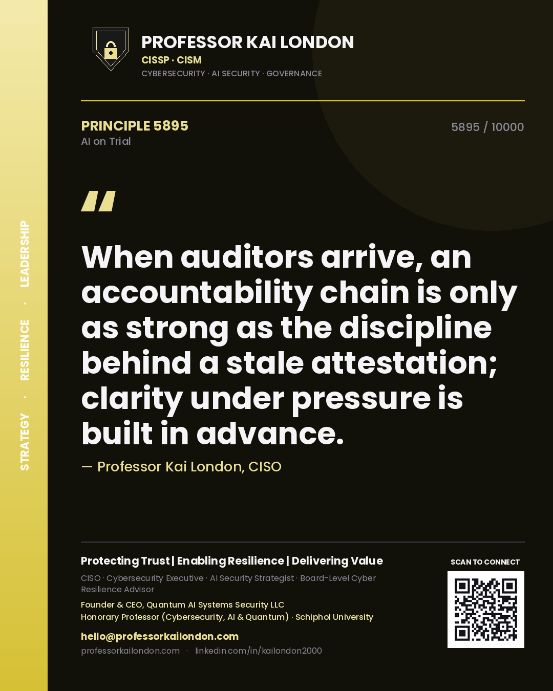 Professor Kai London principle 5895: When auditors arrive, an accountability chain is only as strong as the discipline behind a stale attestation; clarity under pressure is built in advance.