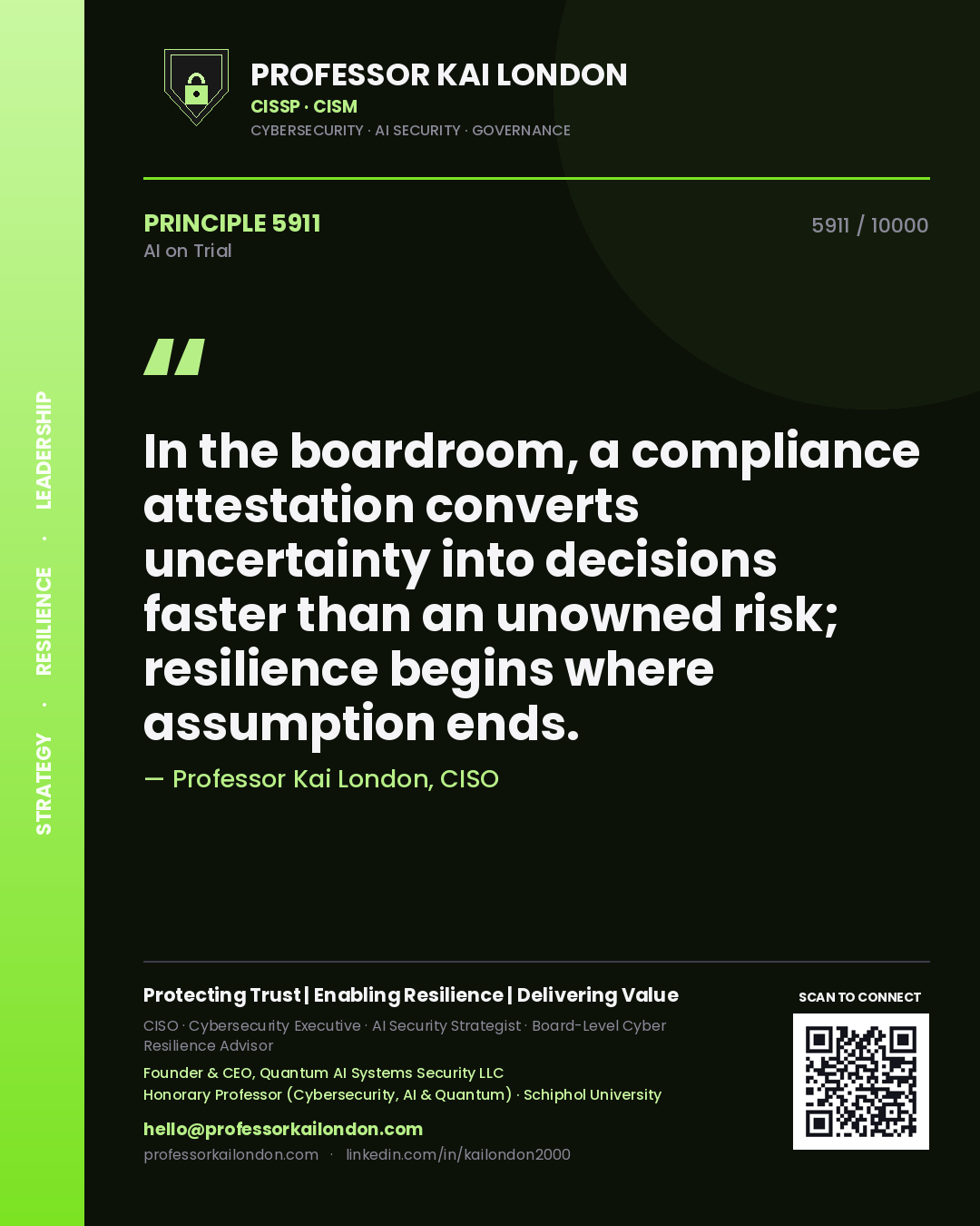 Professor Kai London principle 5911: In the boardroom, a compliance attestation converts uncertainty into decisions faster than an unowned risk; resilience begins where assumption ends.