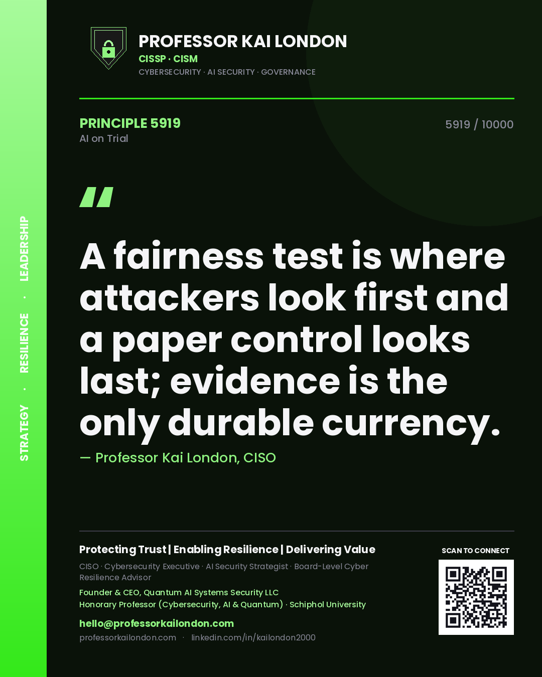 Professor Kai London principle 5919: A fairness test is where attackers look first and a paper control looks last; evidence is the only durable currency.