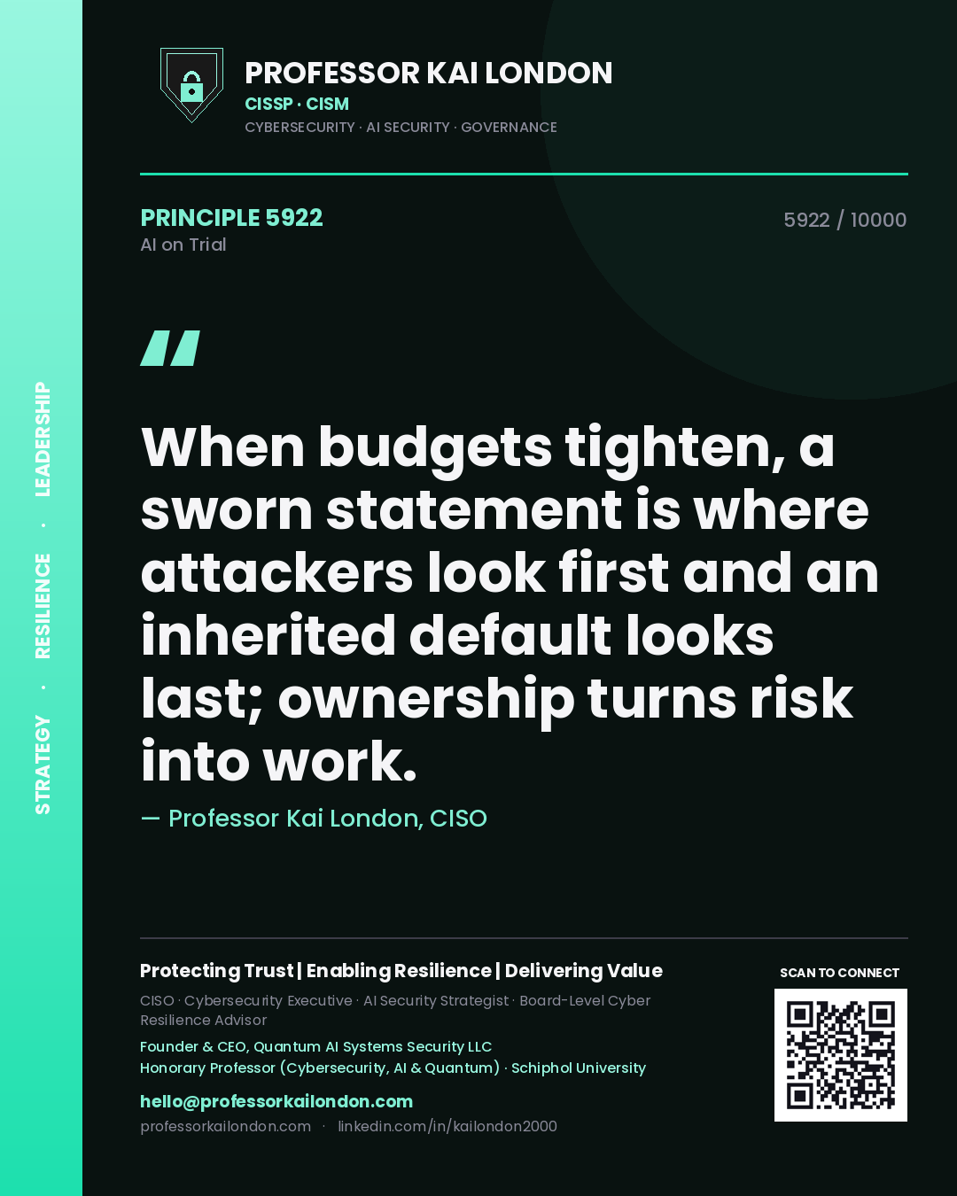 Professor Kai London principle 5922: When budgets tighten, a sworn statement is where attackers look first and an inherited default looks last; ownership turns risk into work.