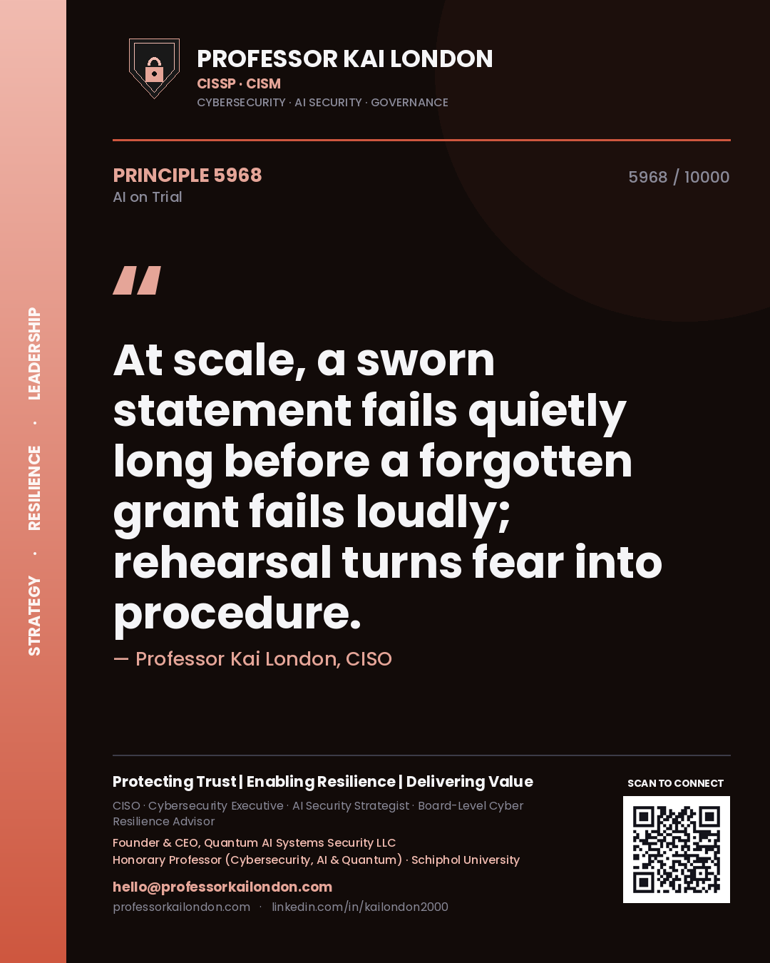 Professor Kai London principle 5968: At scale, a sworn statement fails quietly long before a forgotten grant fails loudly; rehearsal turns fear into procedure.
