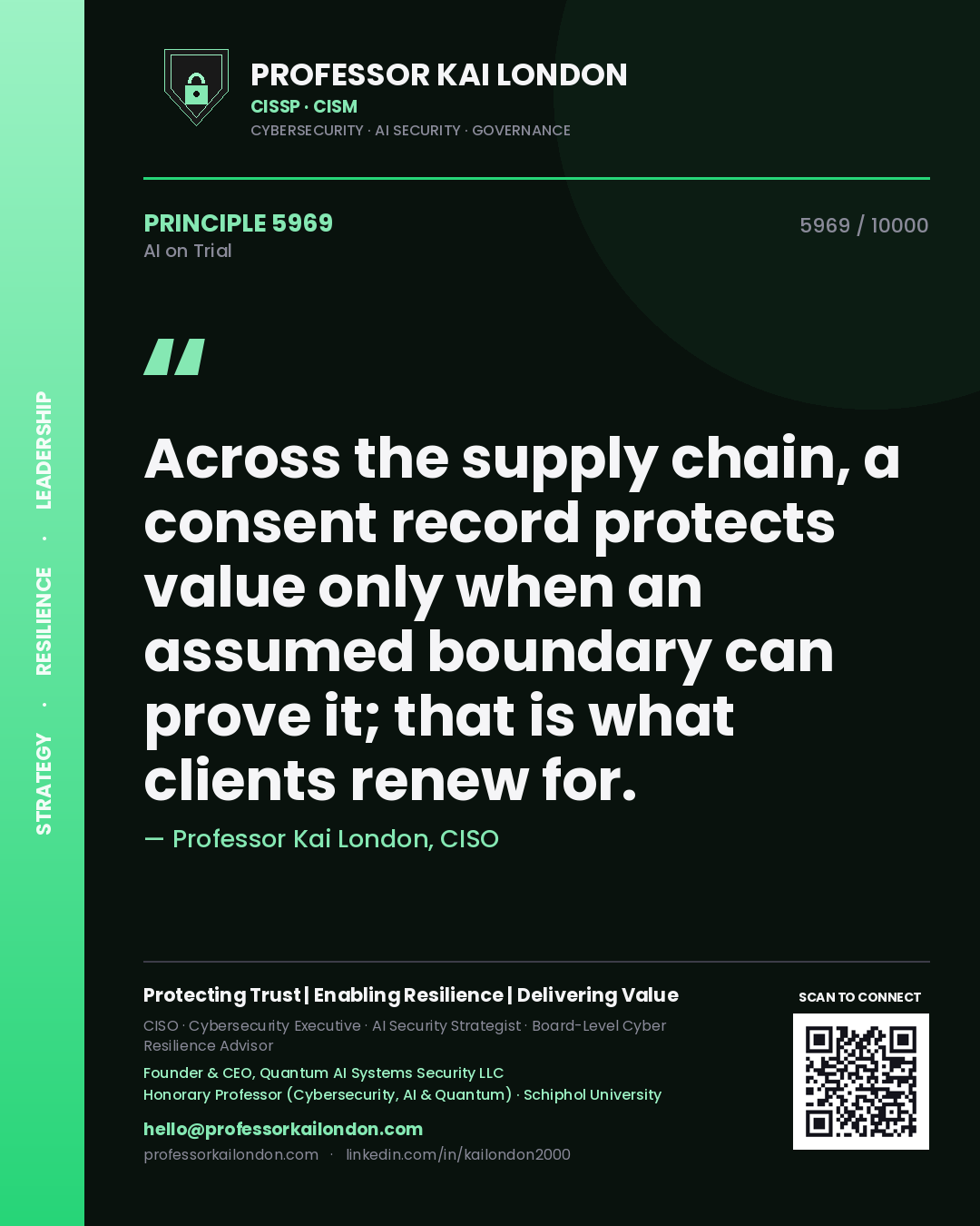 Professor Kai London principle 5969: Across the supply chain, a consent record protects value only when an assumed boundary can prove it; that is what clients renew for.