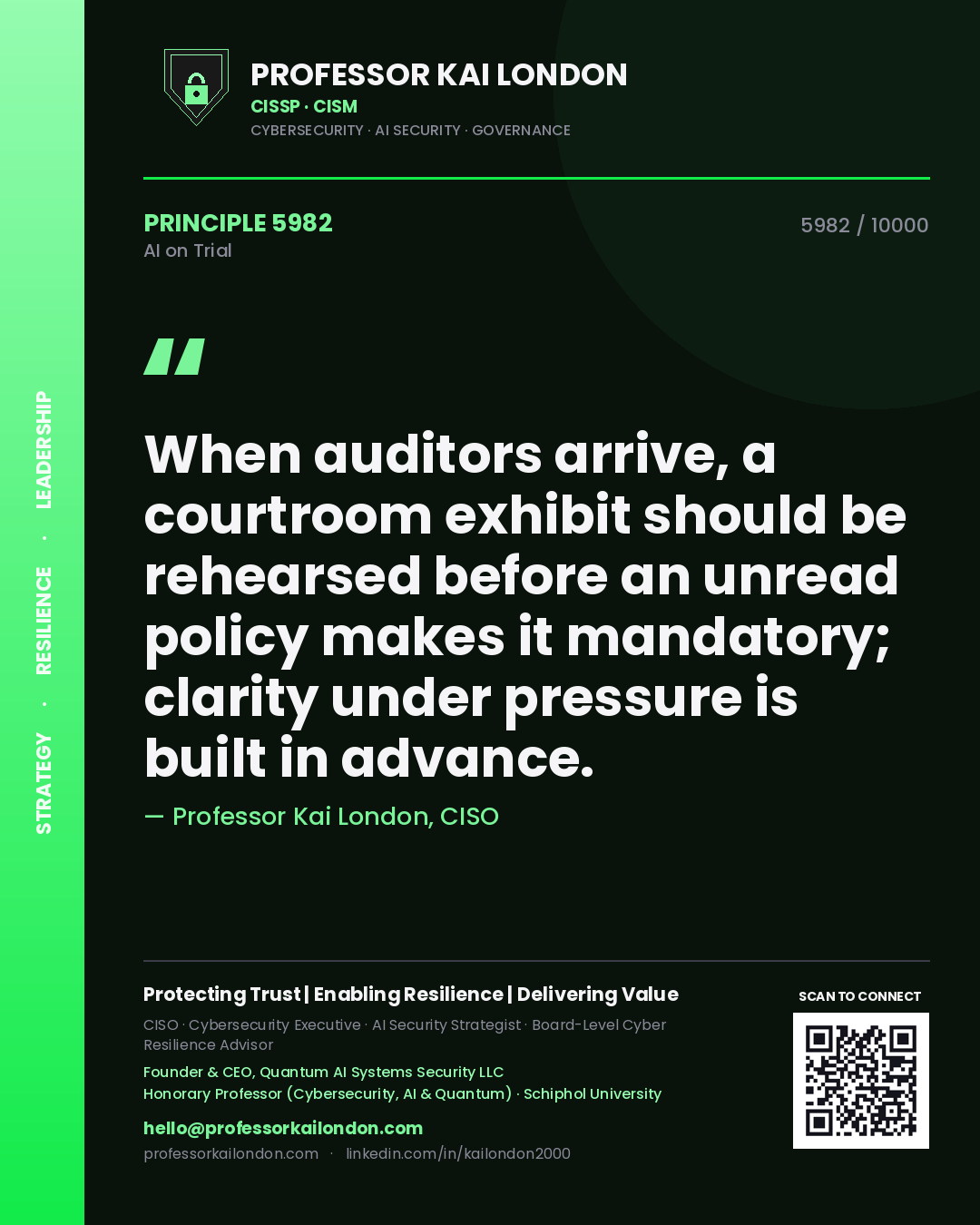 Professor Kai London principle 5982: When auditors arrive, a courtroom exhibit should be rehearsed before an unread policy makes it mandatory; clarity under pressure is built in advance.