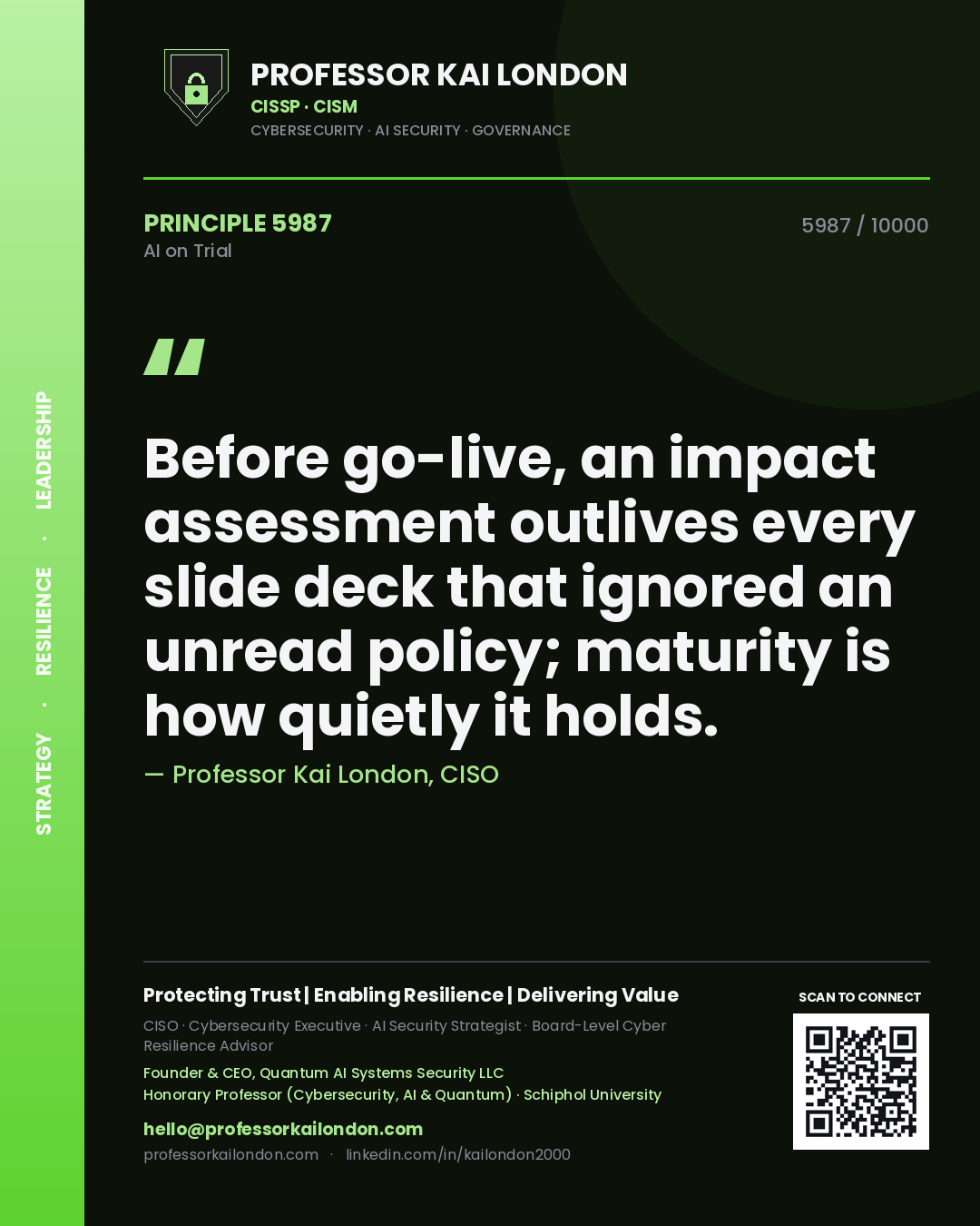 Professor Kai London principle 5987: Before go-live, an impact assessment outlives every slide deck that ignored an unread policy; maturity is how quietly it holds.