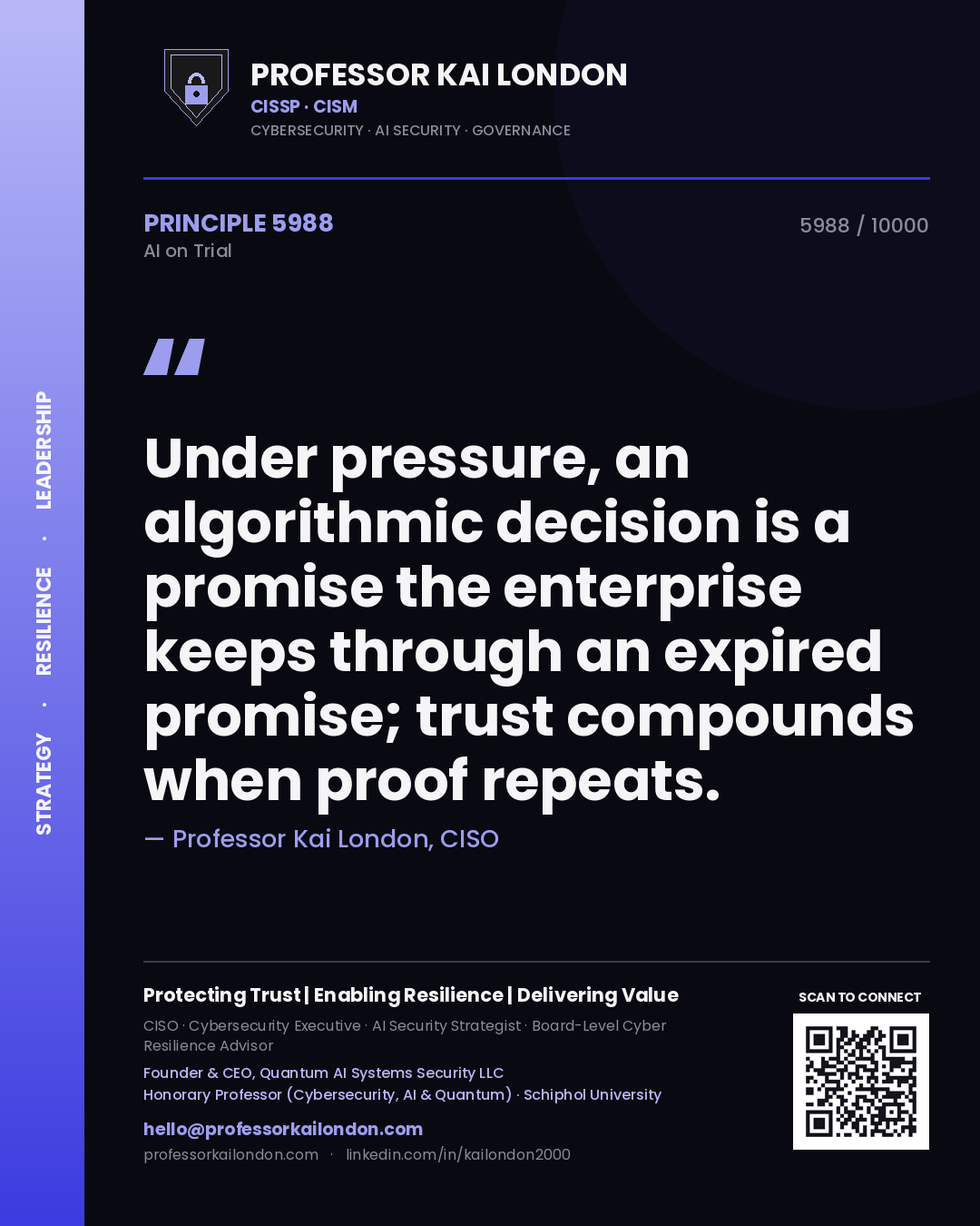 Professor Kai London principle 5988: Under pressure, an algorithmic decision is a promise the enterprise keeps through an expired promise; trust compounds when proof repeats.