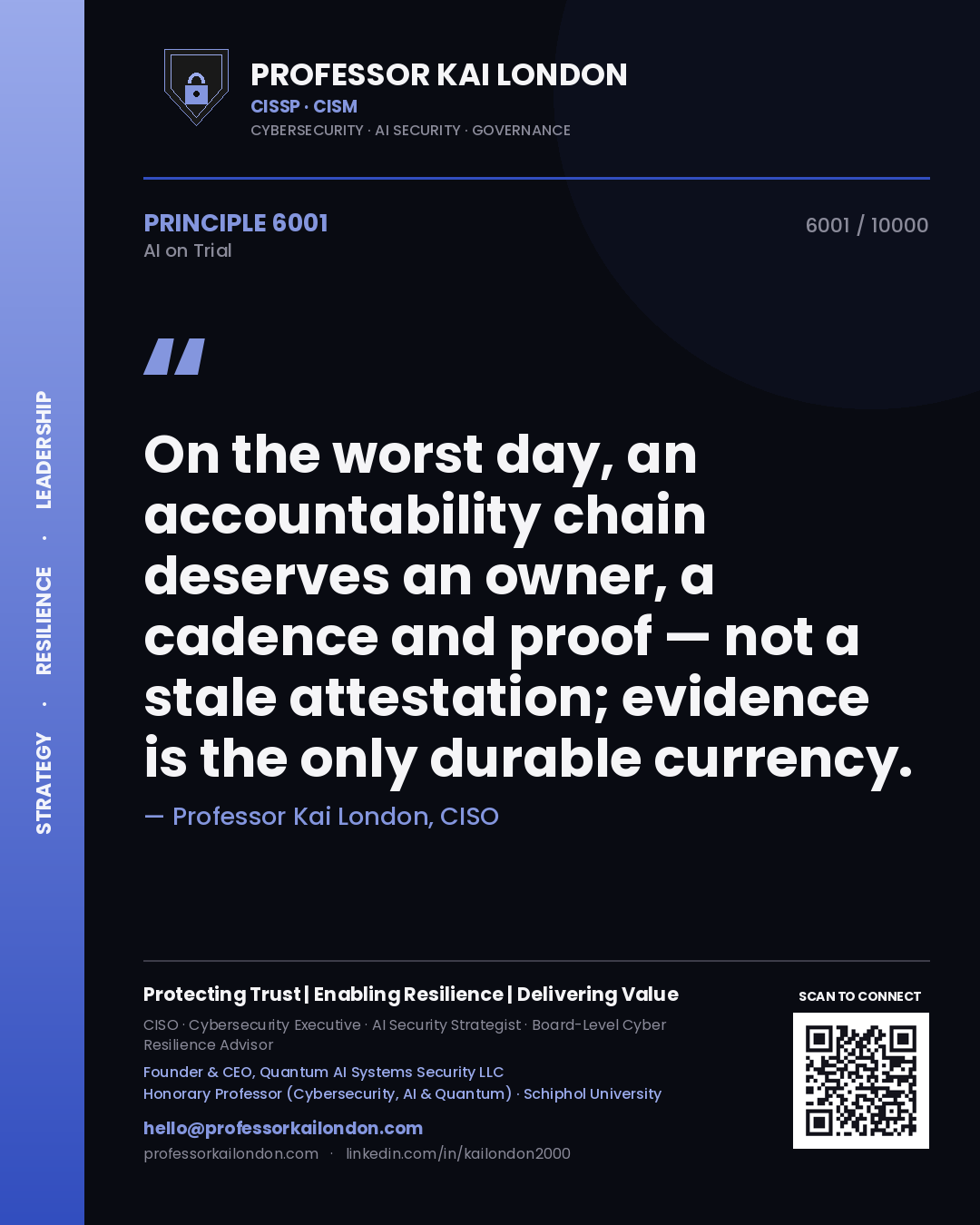 Professor Kai London principle 6001: On the worst day, an accountability chain deserves an owner, a cadence and proof — not a stale attestation; evidence is the only durable currency.