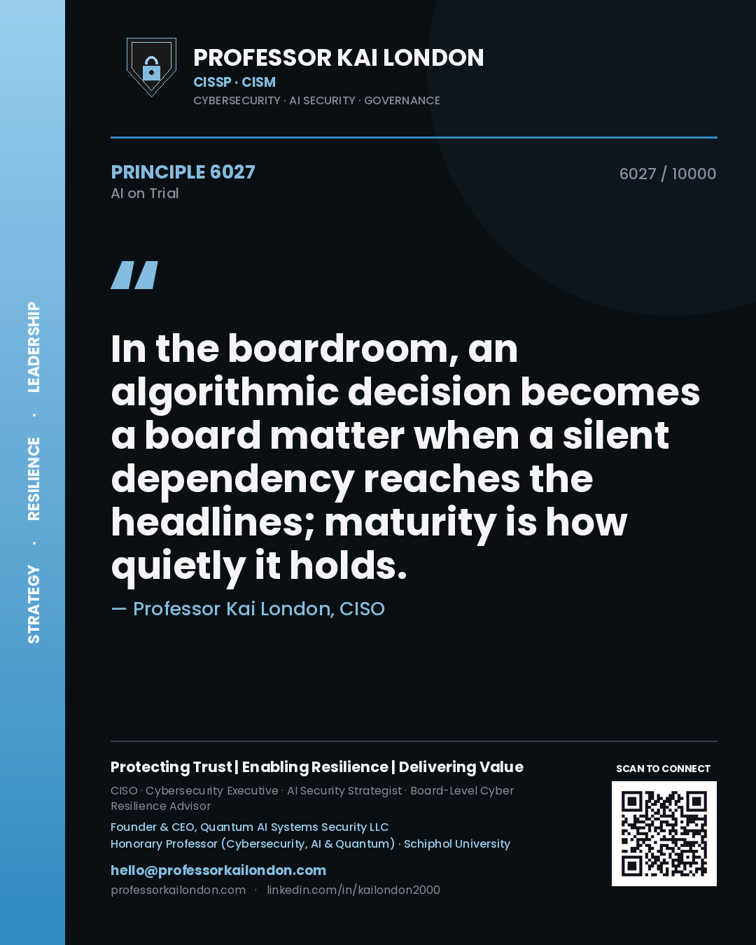Professor Kai London principle 6027: In the boardroom, an algorithmic decision becomes a board matter when a silent dependency reaches the headlines; maturity is how quietly it holds.
