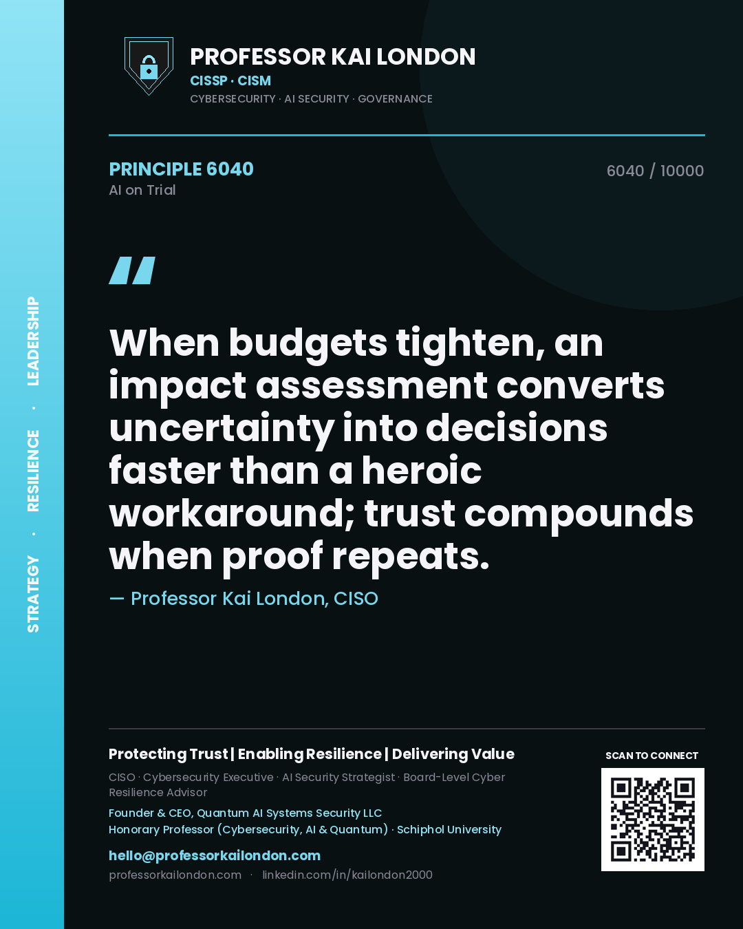 Professor Kai London principle 6040: When budgets tighten, an impact assessment converts uncertainty into decisions faster than a heroic workaround; trust compounds when proof repeats.