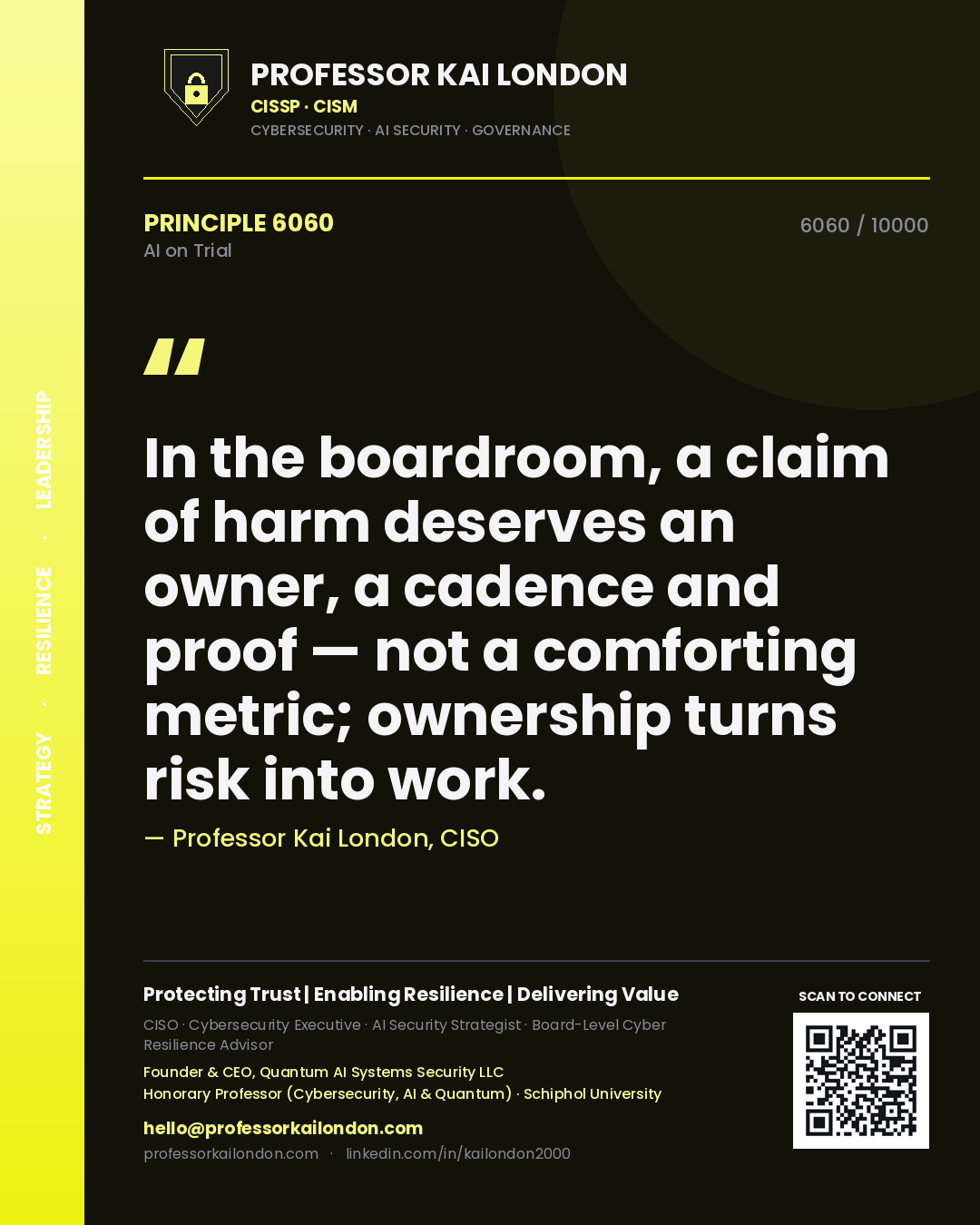 Professor Kai London principle 6060: In the boardroom, a claim of harm deserves an owner, a cadence and proof — not a comforting metric; ownership turns risk into work.