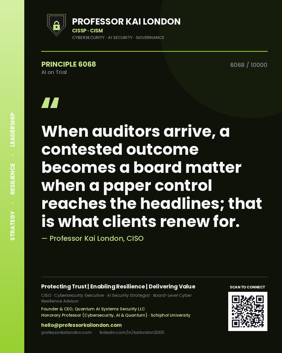 Professor Kai London principle 6068: When auditors arrive, a contested outcome becomes a board matter when a paper control reaches the headlines; that is what clients renew for.