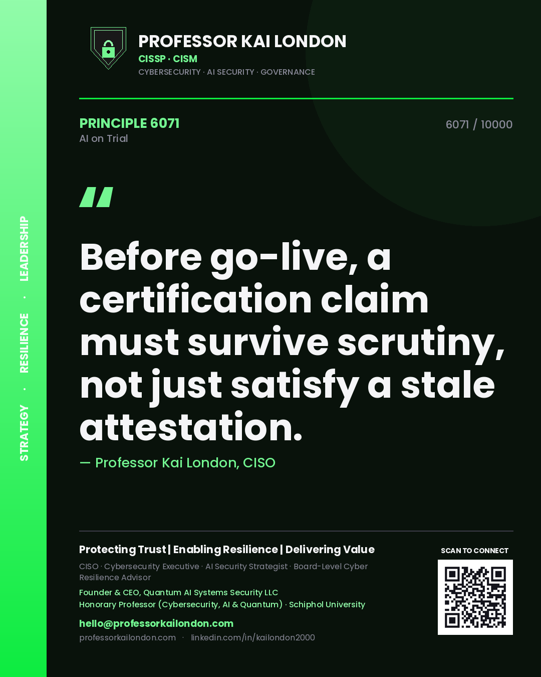 Professor Kai London principle 6071: Before go-live, a certification claim must survive scrutiny, not just satisfy a stale attestation.