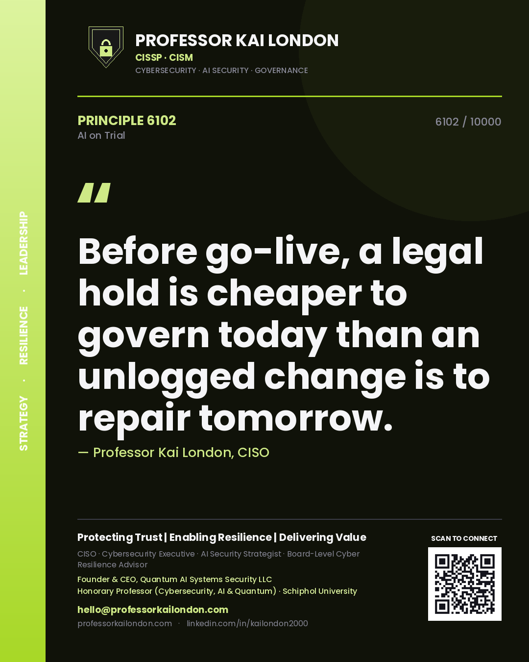 Professor Kai London principle 6102: Before go-live, a legal hold is cheaper to govern today than an unlogged change is to repair tomorrow.