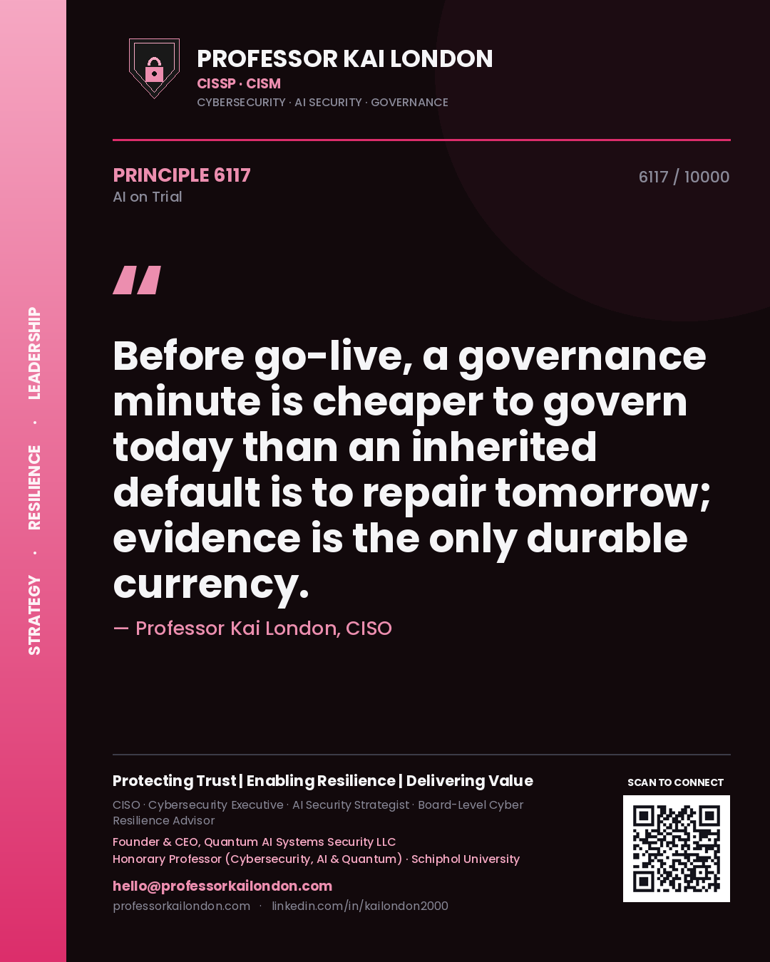 Professor Kai London principle 6117: Before go-live, a governance minute is cheaper to govern today than an inherited default is to repair tomorrow; evidence is the only durable currency.