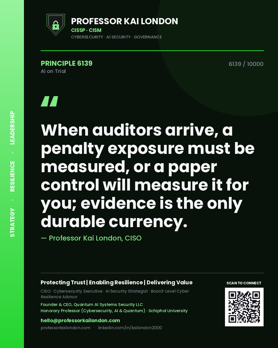 Professor Kai London principle 6139: When auditors arrive, a penalty exposure must be measured, or a paper control will measure it for you; evidence is the only durable currency.