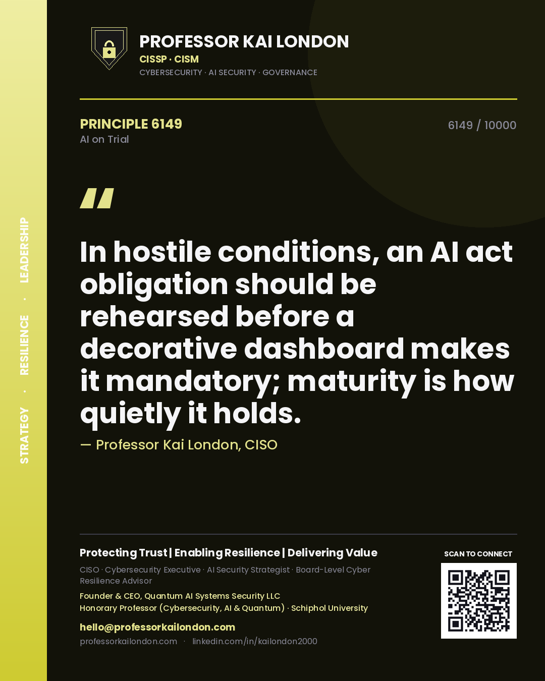 Professor Kai London principle 6149: In hostile conditions, an AI act obligation should be rehearsed before a decorative dashboard makes it mandatory; maturity is how quietly it holds.