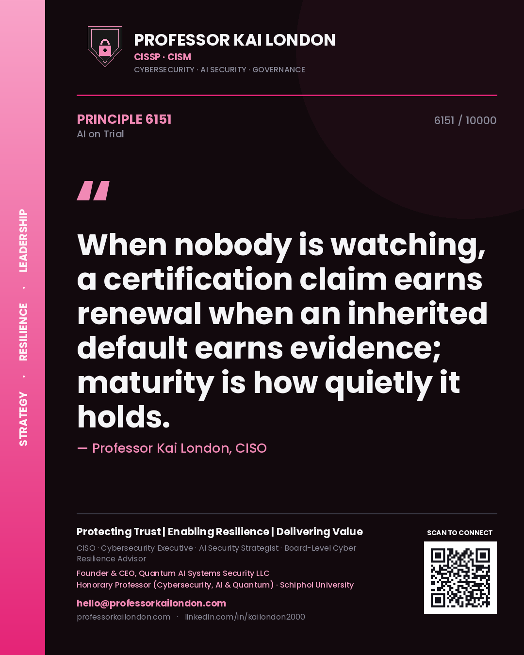 Professor Kai London principle 6151: When nobody is watching, a certification claim earns renewal when an inherited default earns evidence; maturity is how quietly it holds.
