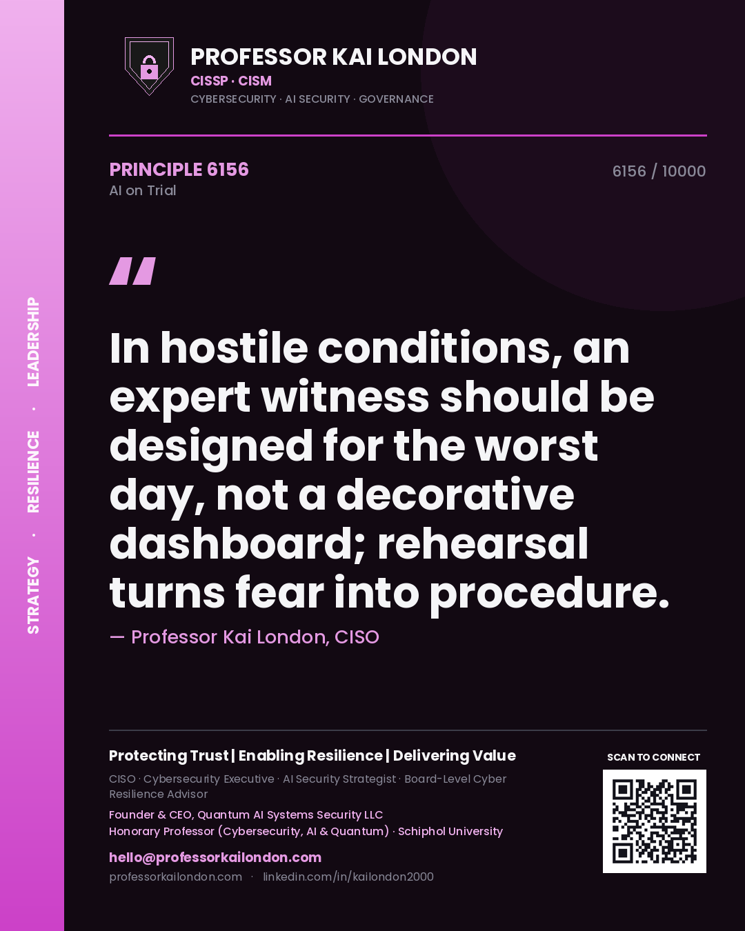 Professor Kai London principle 6156: In hostile conditions, an expert witness should be designed for the worst day, not a decorative dashboard; rehearsal turns fear into procedure.