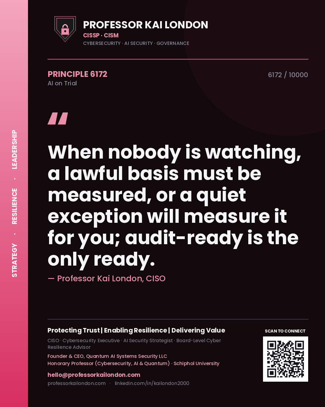 Professor Kai London principle 6172: When nobody is watching, a lawful basis must be measured, or a quiet exception will measure it for you; audit-ready is the only ready.
