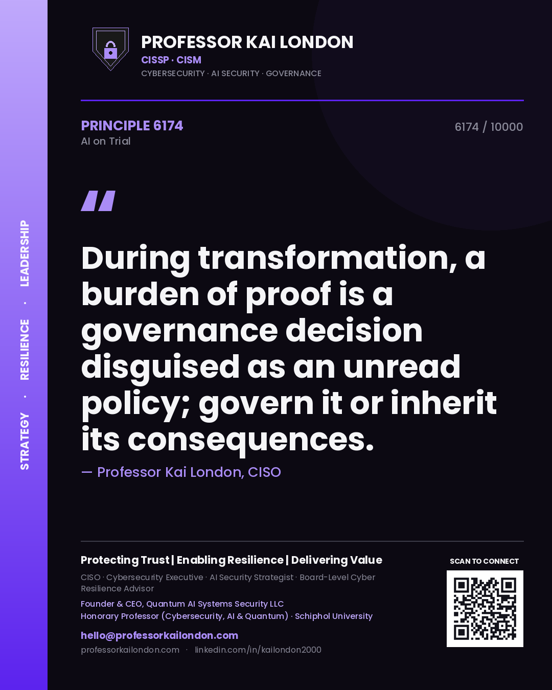Professor Kai London principle 6174: During transformation, a burden of proof is a governance decision disguised as an unread policy; govern it or inherit its consequences.