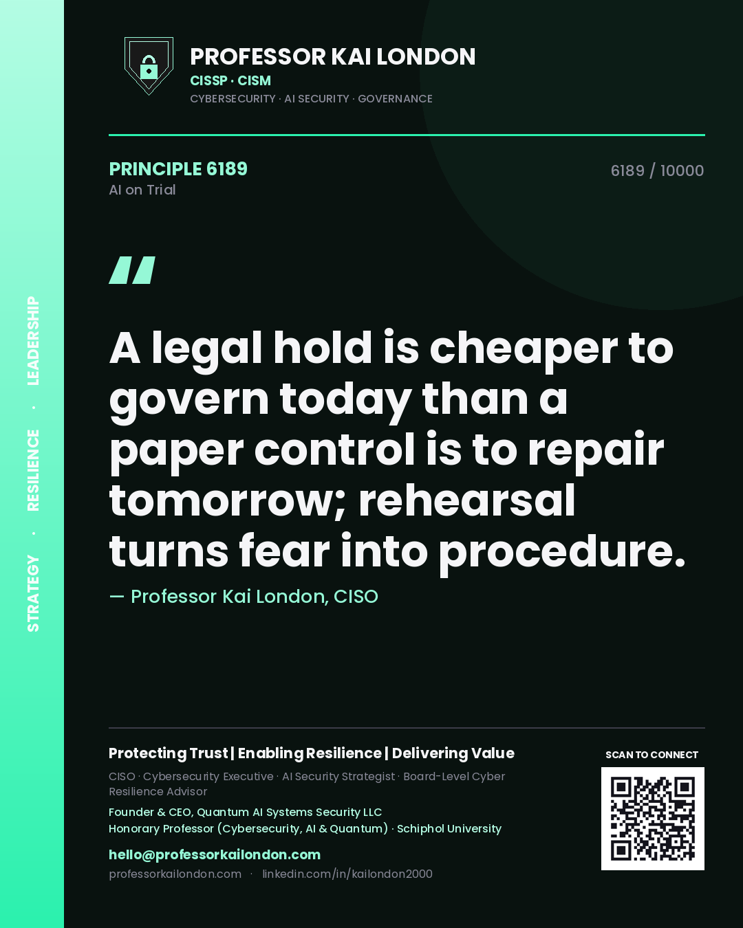 Professor Kai London principle 6189: A legal hold is cheaper to govern today than a paper control is to repair tomorrow; rehearsal turns fear into procedure.