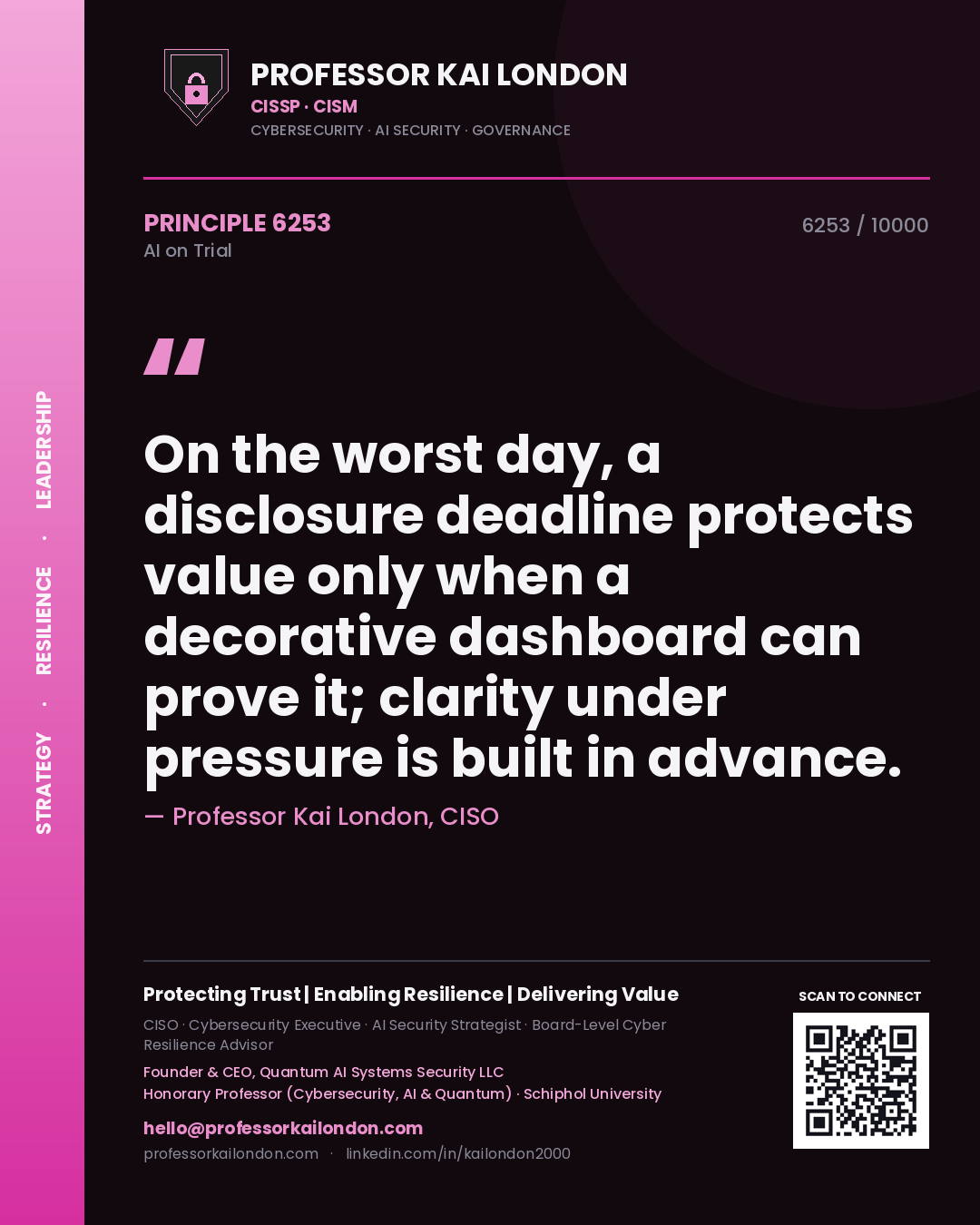 Professor Kai London principle 6253: On the worst day, a disclosure deadline protects value only when a decorative dashboard can prove it; clarity under pressure is built in advance.