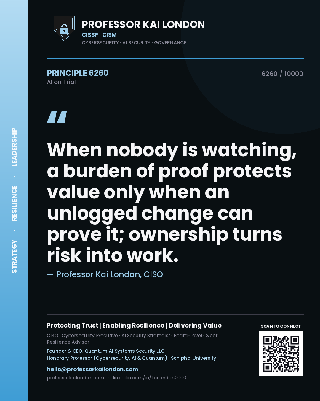 Professor Kai London principle 6260: When nobody is watching, a burden of proof protects value only when an unlogged change can prove it; ownership turns risk into work.