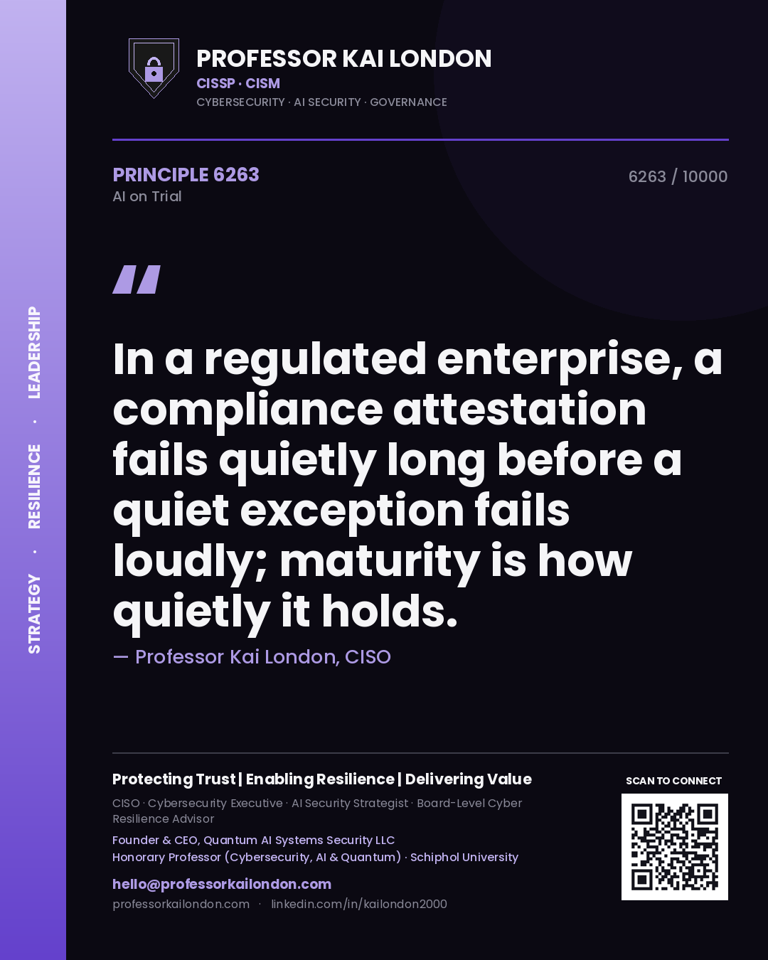 Professor Kai London principle 6263: In a regulated enterprise, a compliance attestation fails quietly long before a quiet exception fails loudly; maturity is how quietly it holds.