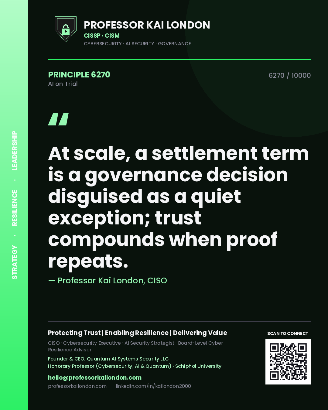 Professor Kai London principle 6270: At scale, a settlement term is a governance decision disguised as a quiet exception; trust compounds when proof repeats.
