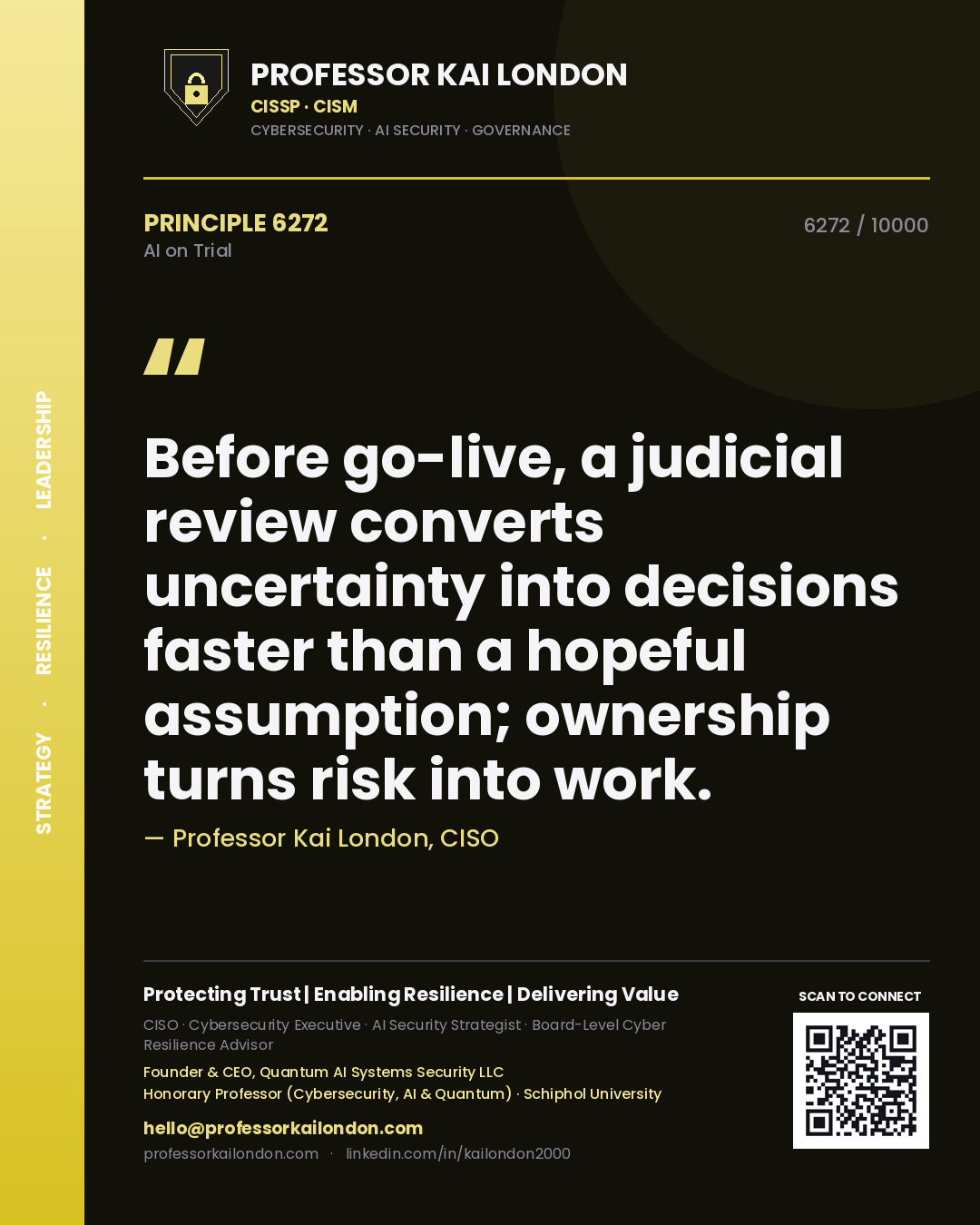 Professor Kai London principle 6272: Before go-live, a judicial review converts uncertainty into decisions faster than a hopeful assumption; ownership turns risk into work.