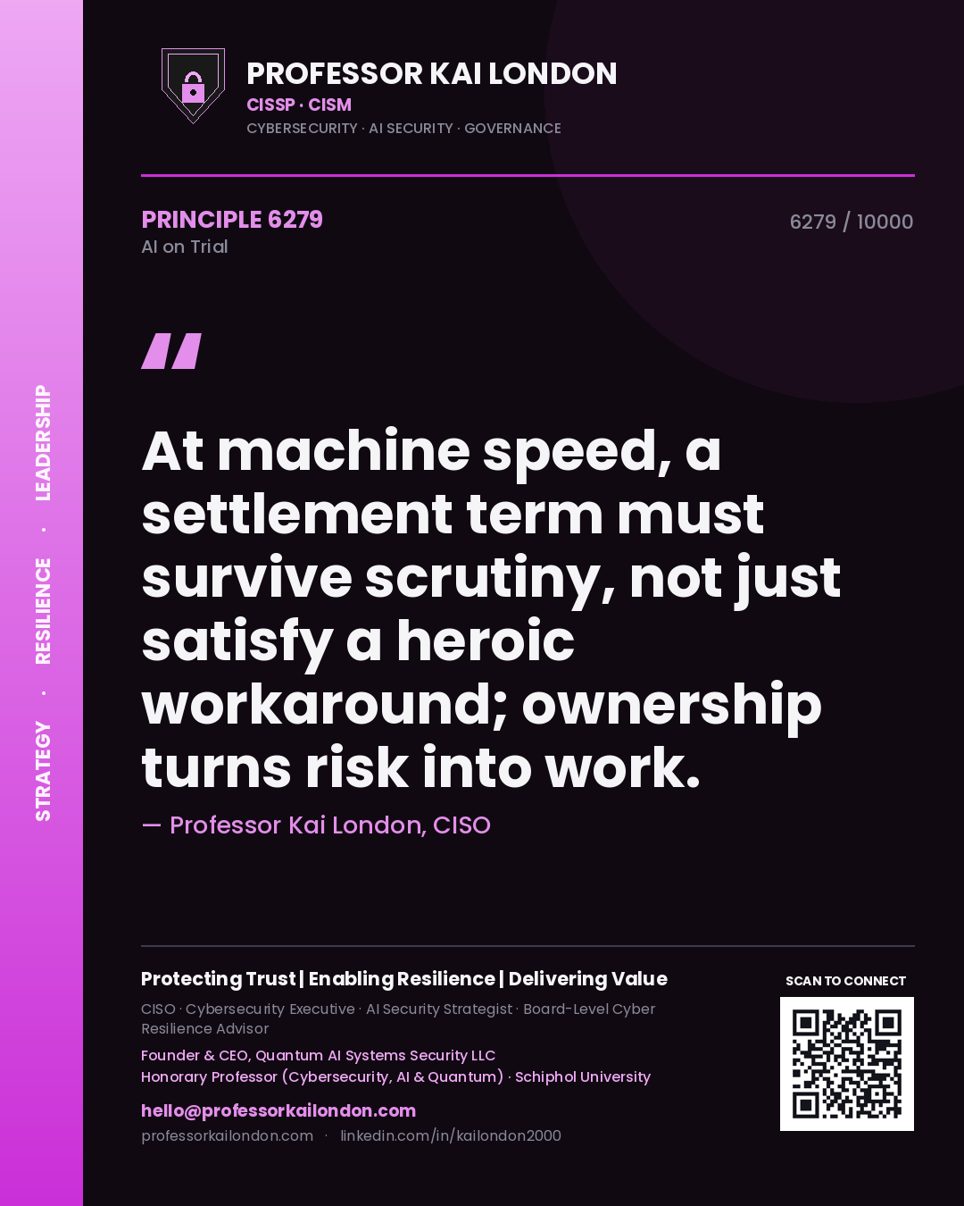 Professor Kai London principle 6279: At machine speed, a settlement term must survive scrutiny, not just satisfy a heroic workaround; ownership turns risk into work.