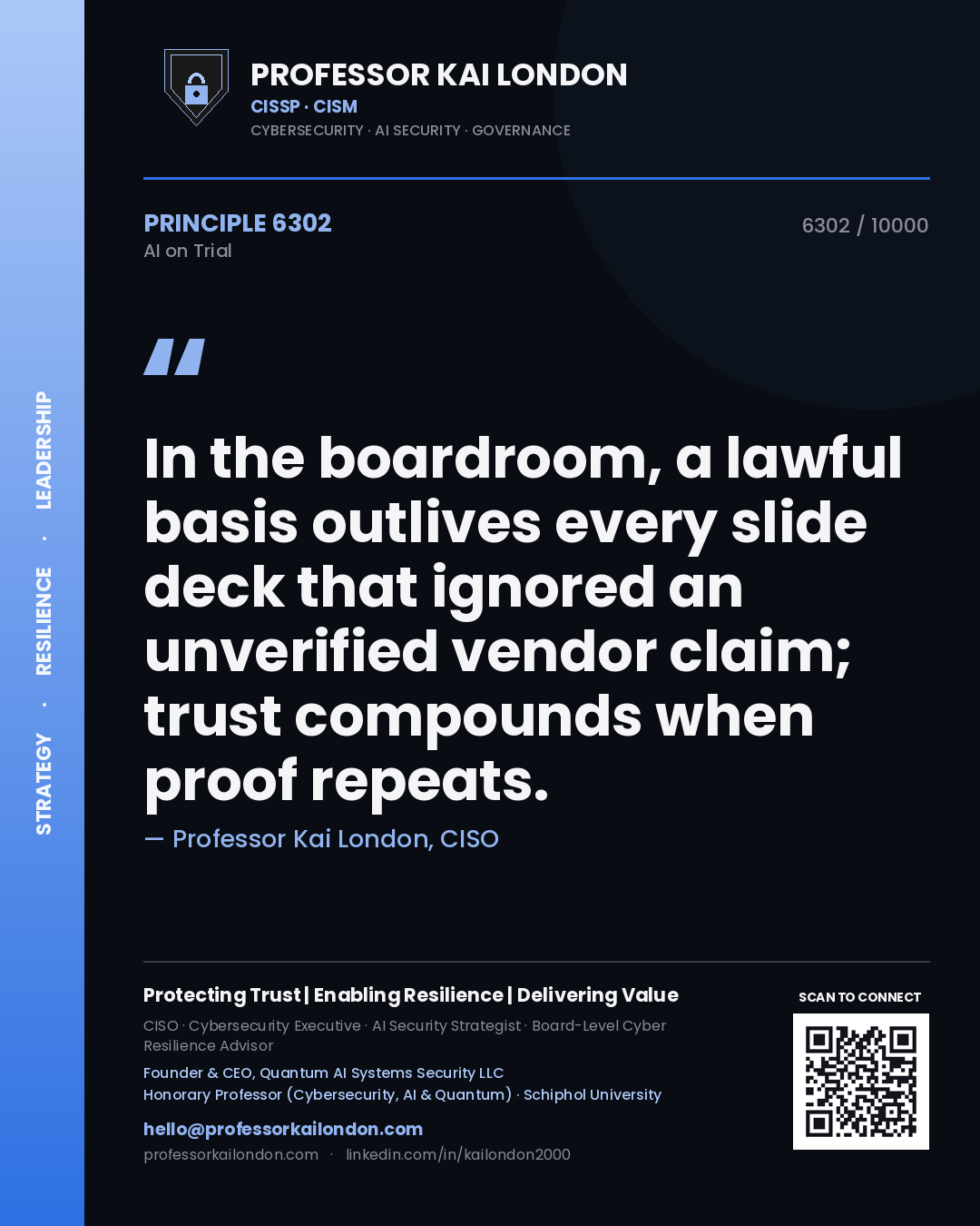 Professor Kai London principle 6302: In the boardroom, a lawful basis outlives every slide deck that ignored an unverified vendor claim; trust compounds when proof repeats.