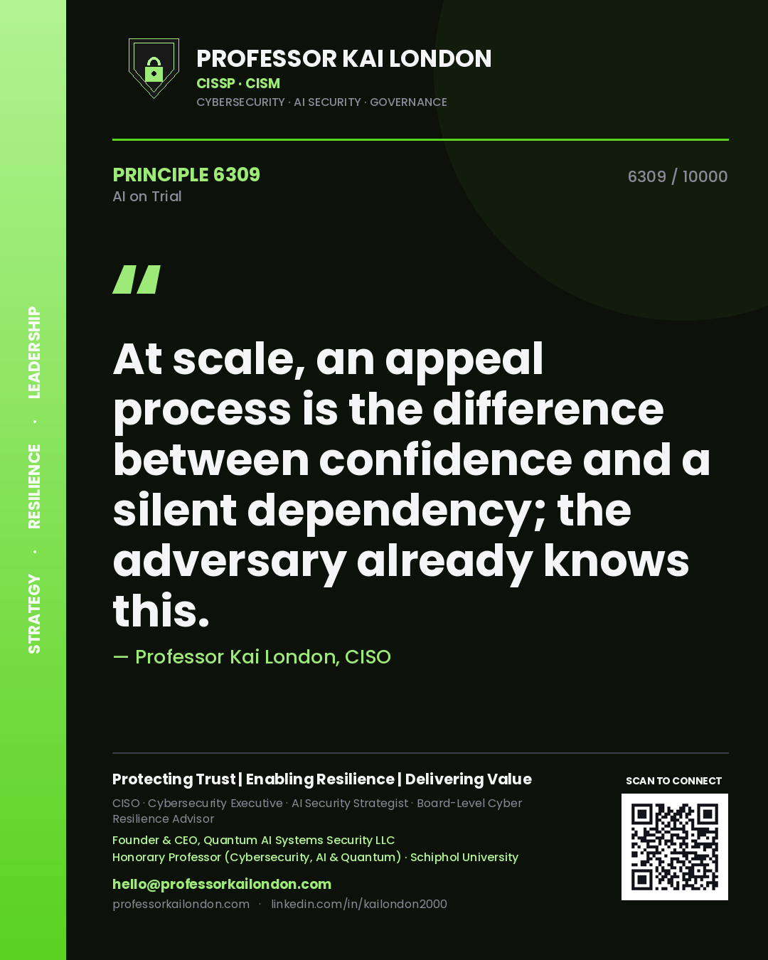 Professor Kai London principle 6309: At scale, an appeal process is the difference between confidence and a silent dependency; the adversary already knows this.