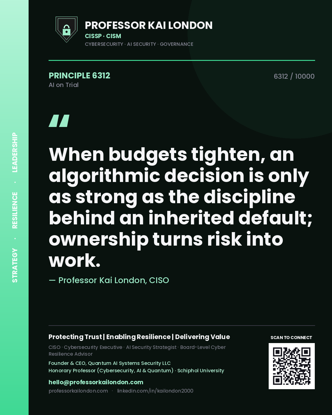 Professor Kai London principle 6312: When budgets tighten, an algorithmic decision is only as strong as the discipline behind an inherited default; ownership turns risk into work.