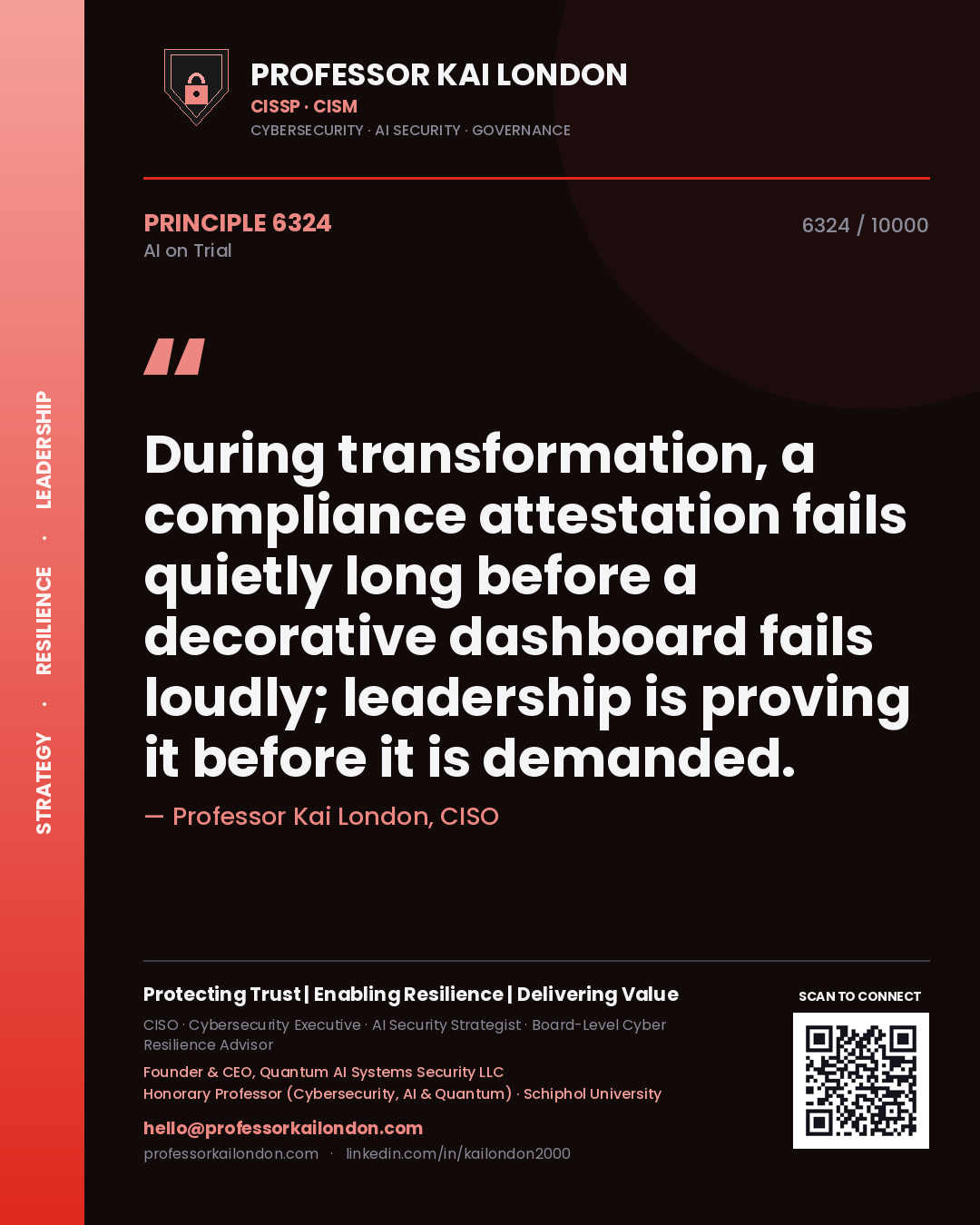 Professor Kai London principle 6324: During transformation, a compliance attestation fails quietly long before a decorative dashboard fails loudly; leadership is proving it before it is demanded.