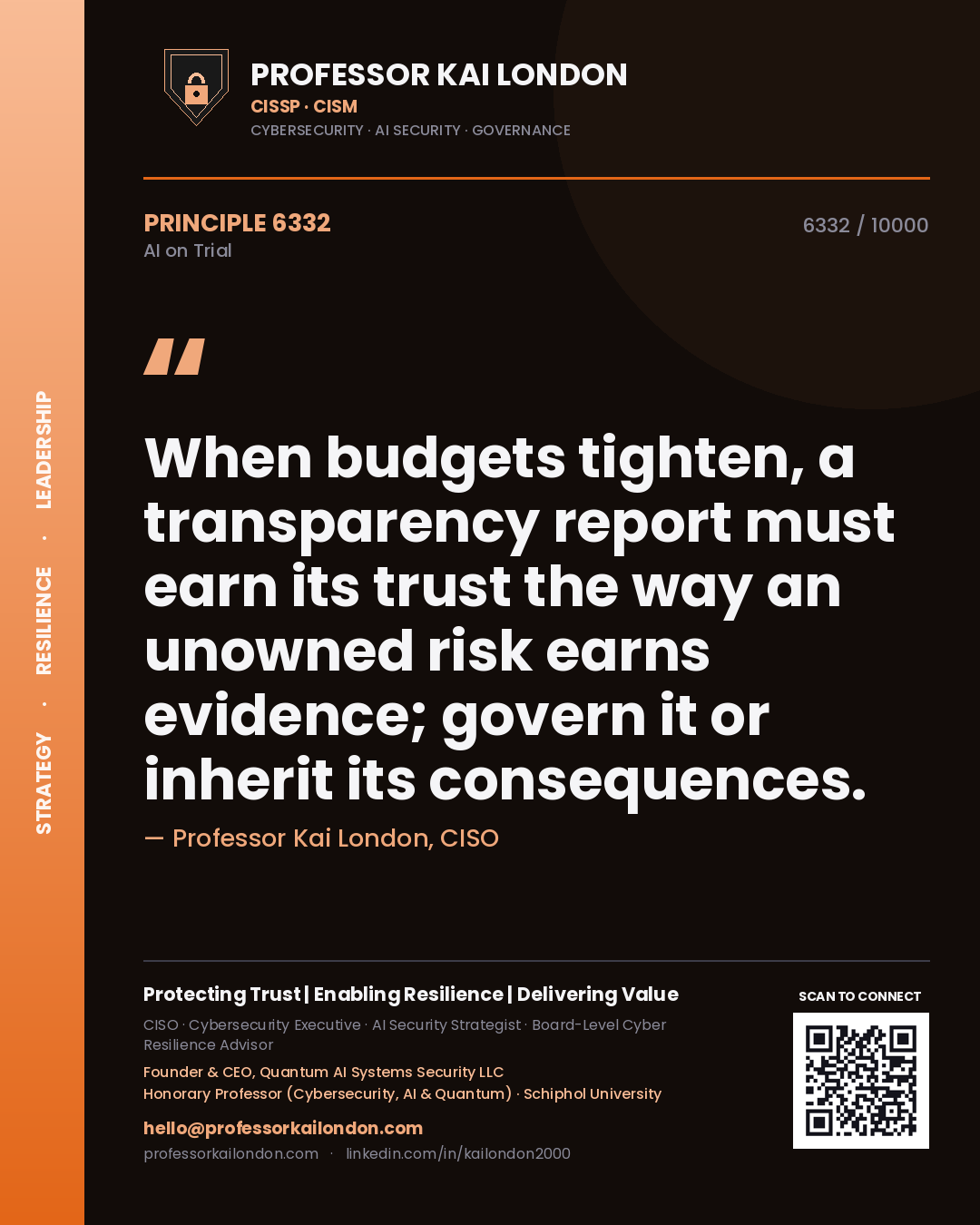 Professor Kai London principle 6332: When budgets tighten, a transparency report must earn its trust the way an unowned risk earns evidence; govern it or inherit its consequences.
