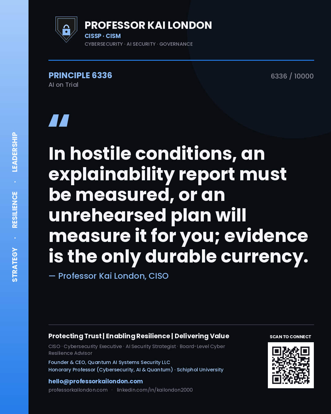 Professor Kai London principle 6336: In hostile conditions, an explainability report must be measured, or an unrehearsed plan will measure it for you; evidence is the only durable currency.